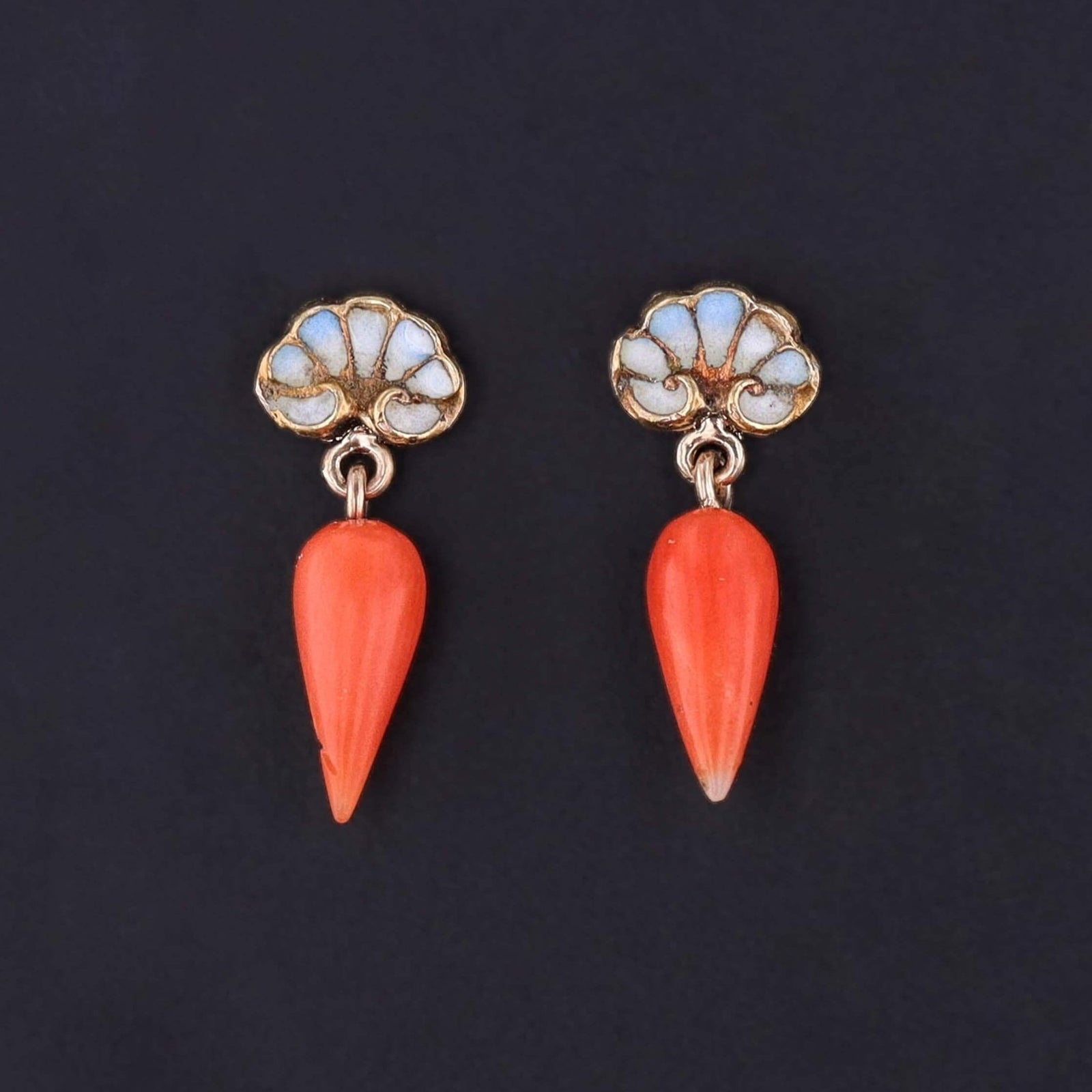 Antique Coral and Enamel Carrot Earrings of 14k Gold - Trademark Antiques