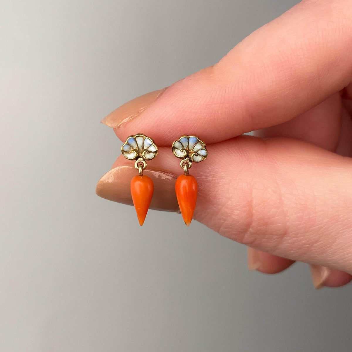 Antique Coral and Enamel Carrot Earrings of 14k Gold - Trademark Antiques