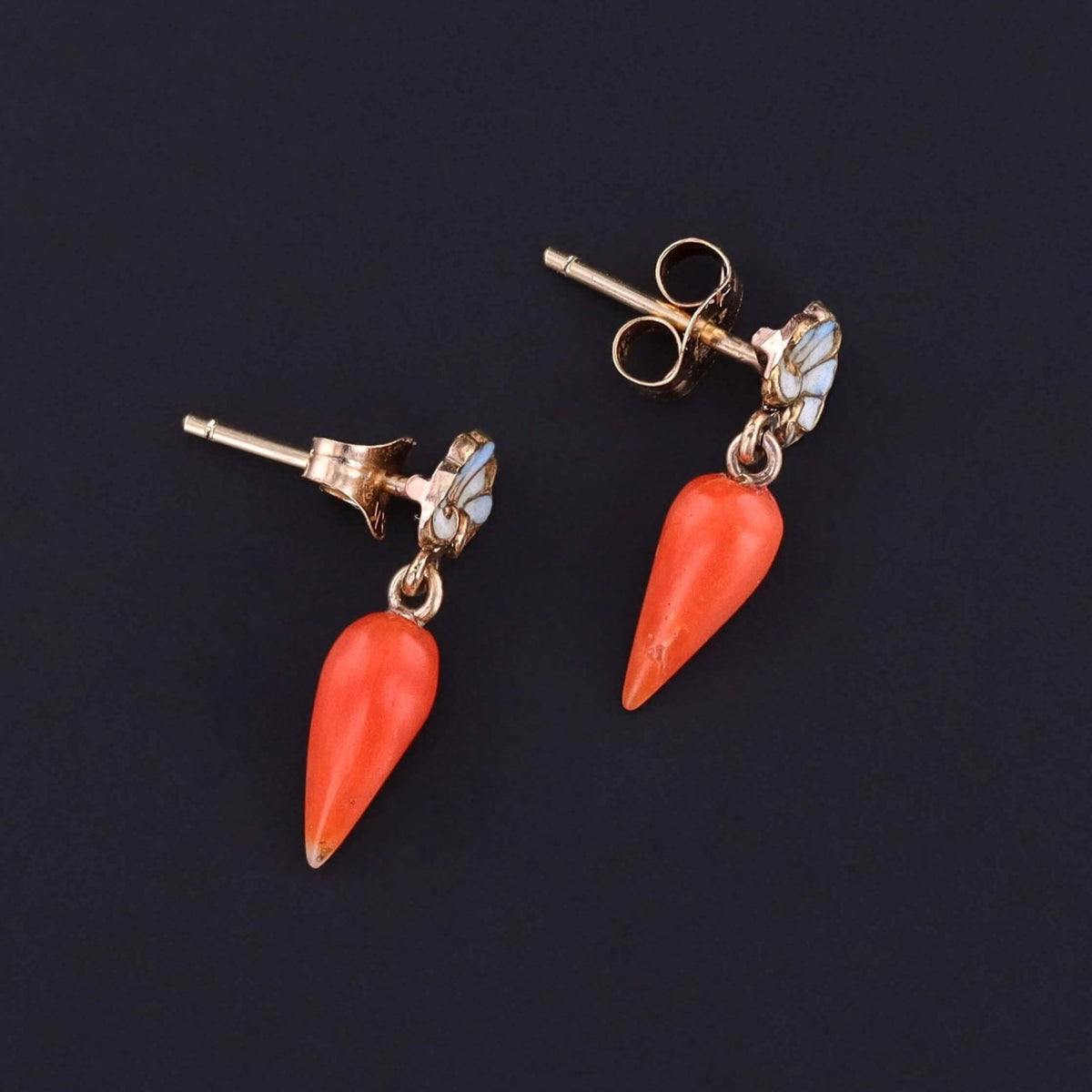 Antique Coral and Enamel Carrot Earrings of 14k Gold - Trademark Antiques