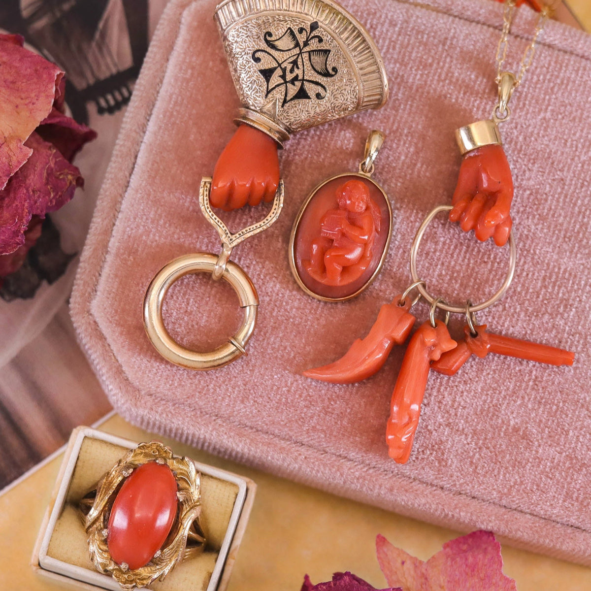 Antique Coral Cherub Pendant of 14k Gold - Trademark Antiques