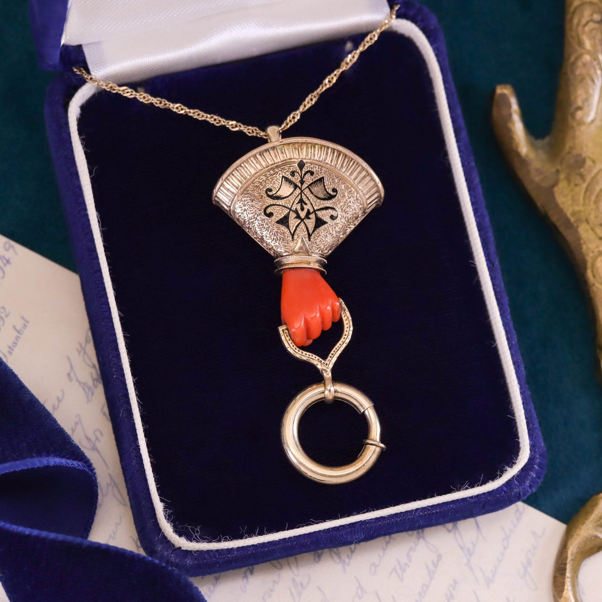 Antique Coral Hand Charm Holder Pendant of 14k Gold - Trademark Antiques