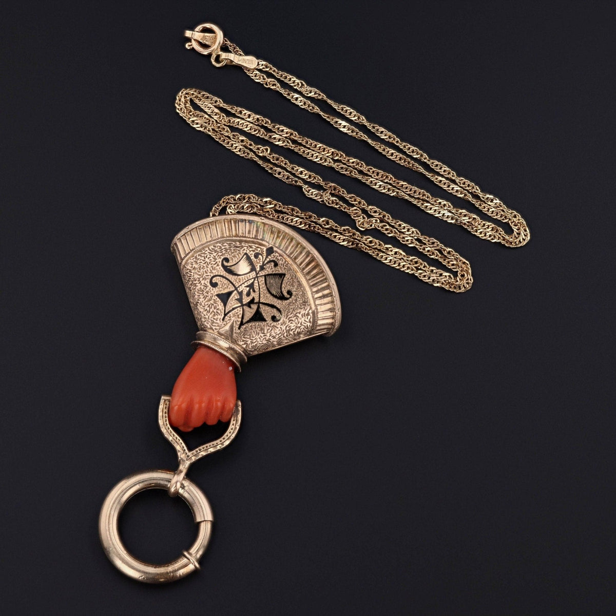 Antique Coral Hand Charm Holder Pendant of 14k Gold - Trademark Antiques