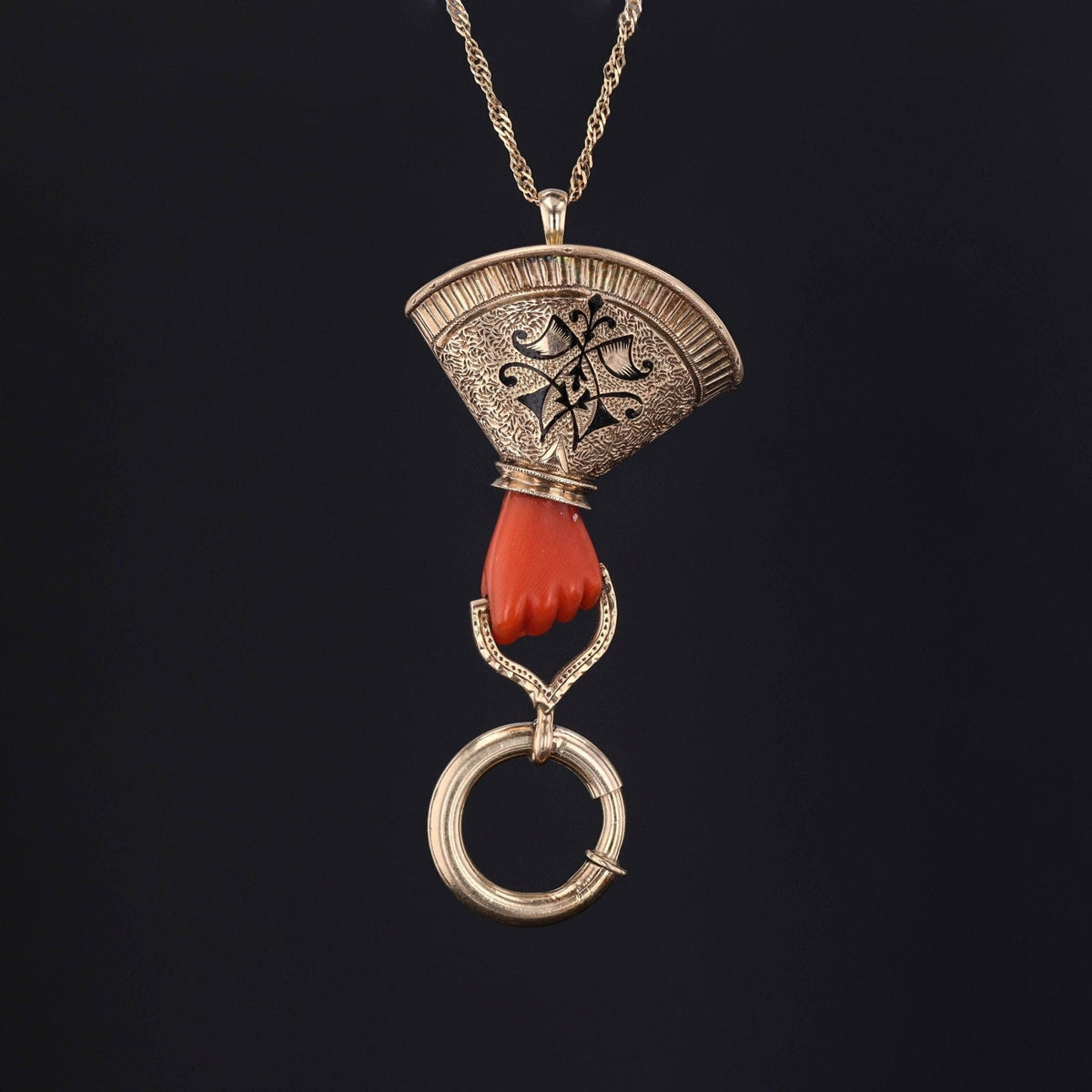 Antique Coral Hand Charm Holder Pendant of 14k Gold - Trademark Antiques