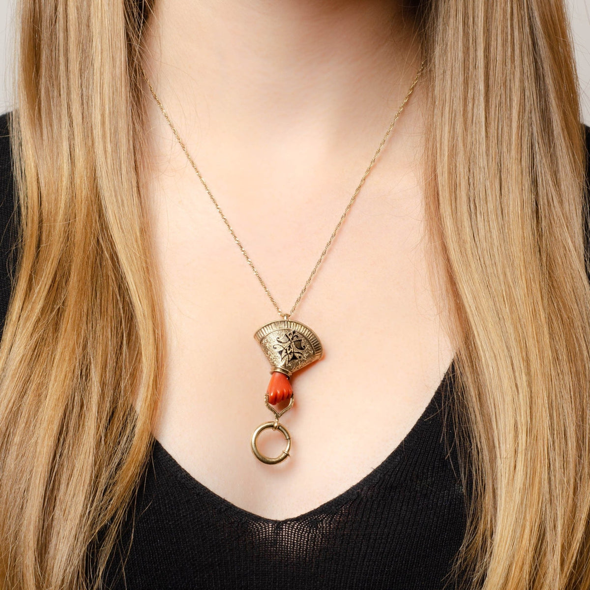 Antique Coral Hand Charm Holder Pendant of 14k Gold - Trademark Antiques