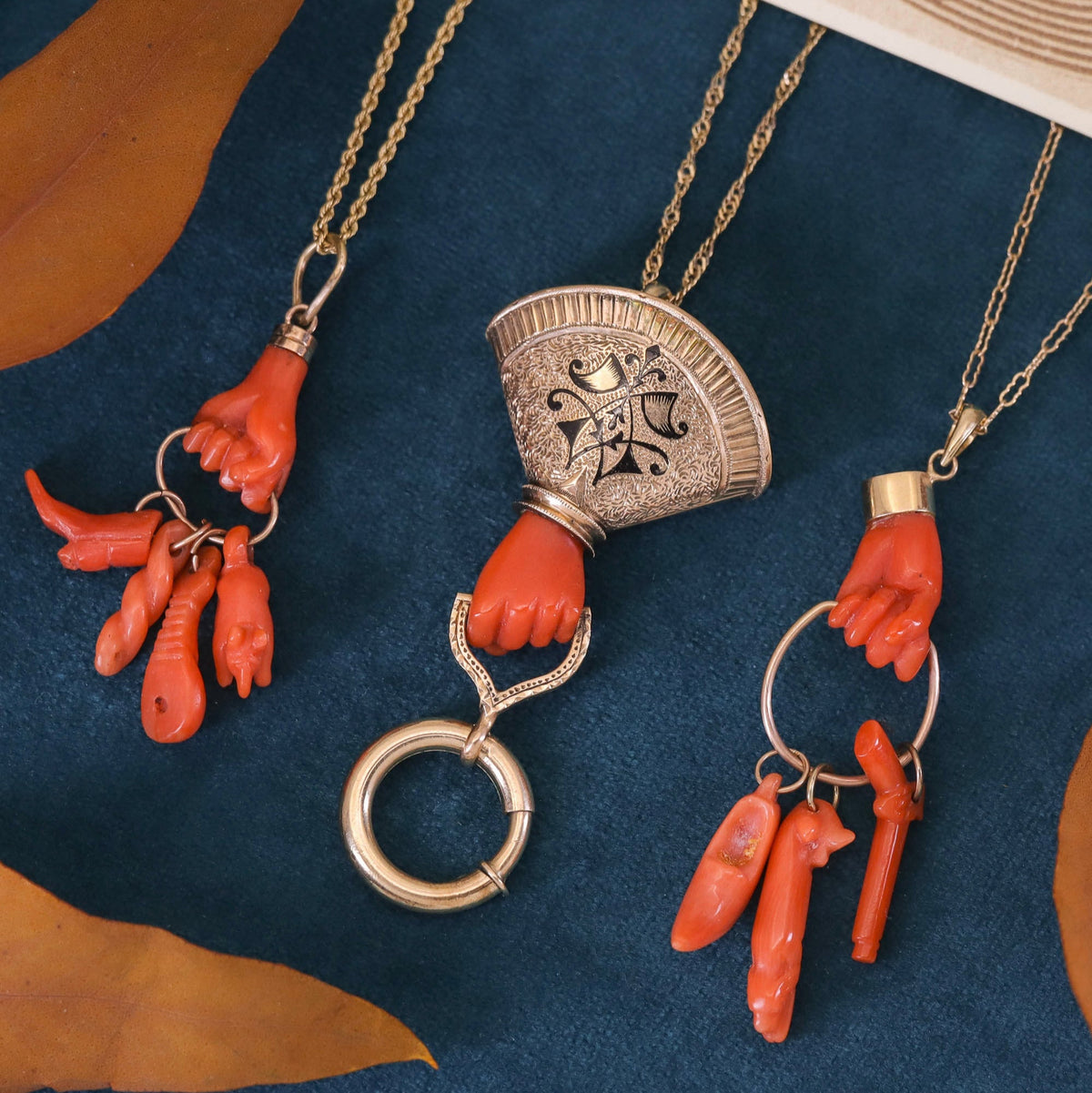Antique Coral Hand Charm Pendant of 14k Gold - Trademark Antiques