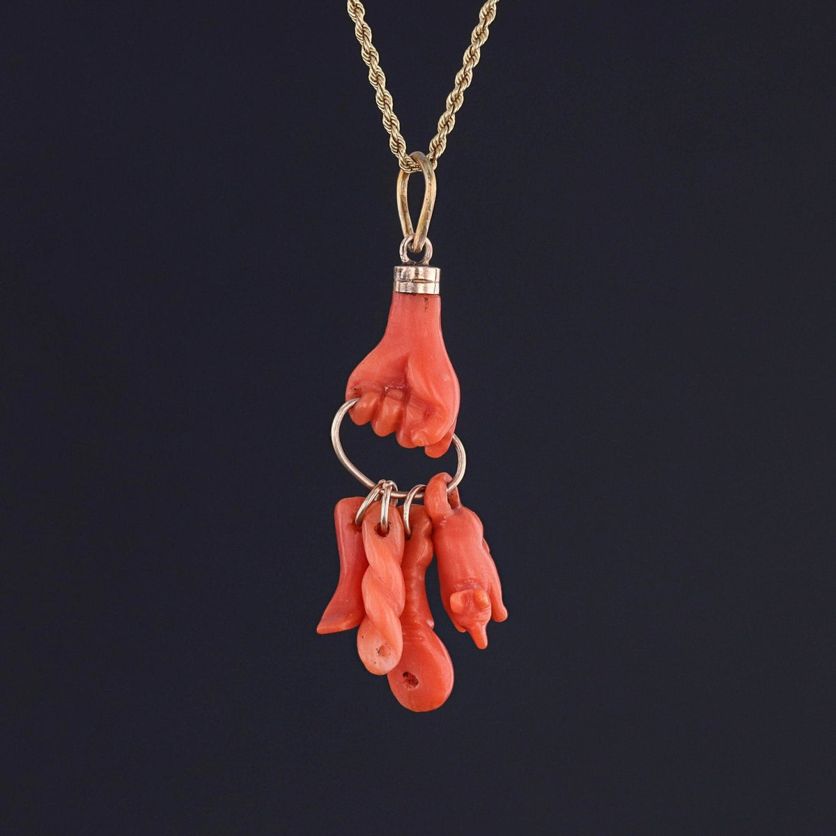 Antique Coral Hand Charm Pendant of 14k Gold - Trademark Antiques