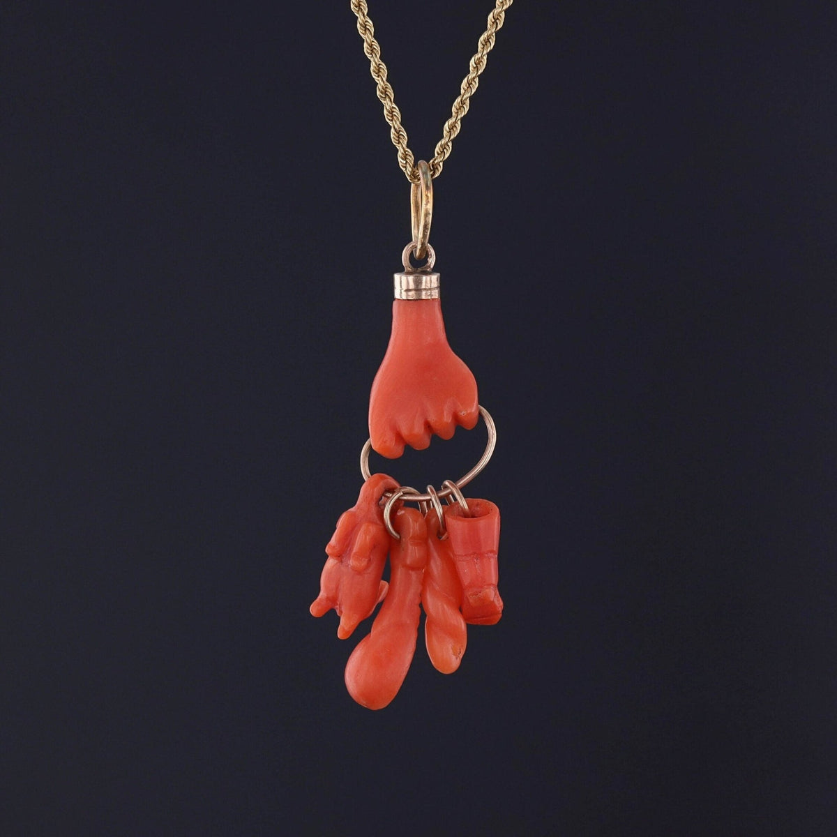 Antique Coral Hand Charm Pendant of 14k Gold - Trademark Antiques
