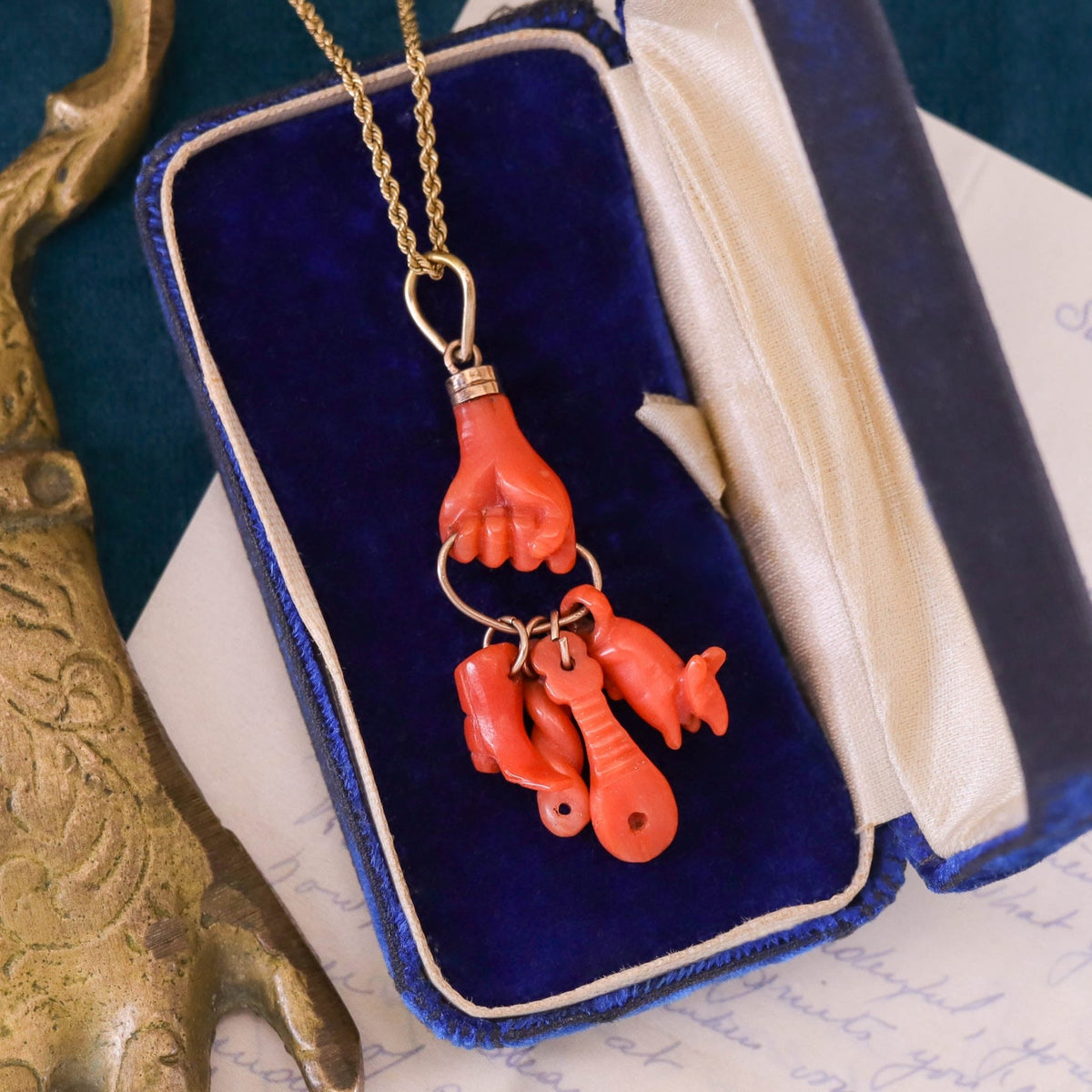 Antique Coral Hand Charm Pendant of 14k Gold - Trademark Antiques