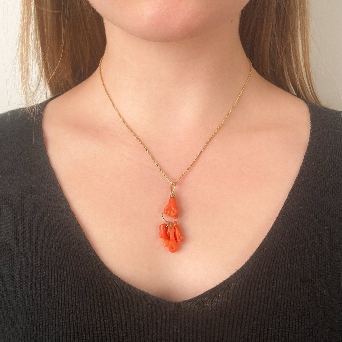 Antique Coral Hand Charm Pendant of 14k Gold - Trademark Antiques