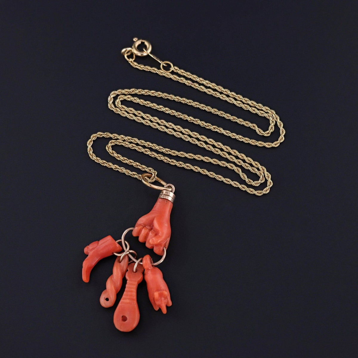 Antique Coral Hand Charm Pendant of 14k Gold - Trademark Antiques