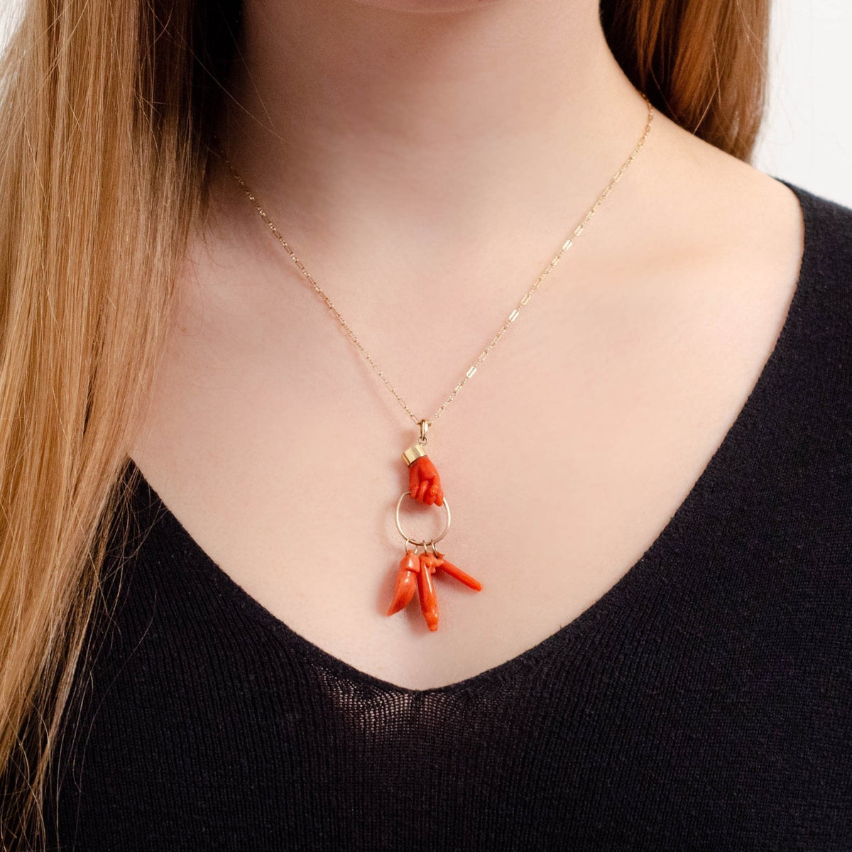 Antique Coral Hand Pendant of 14k Gold - Trademark Antiques