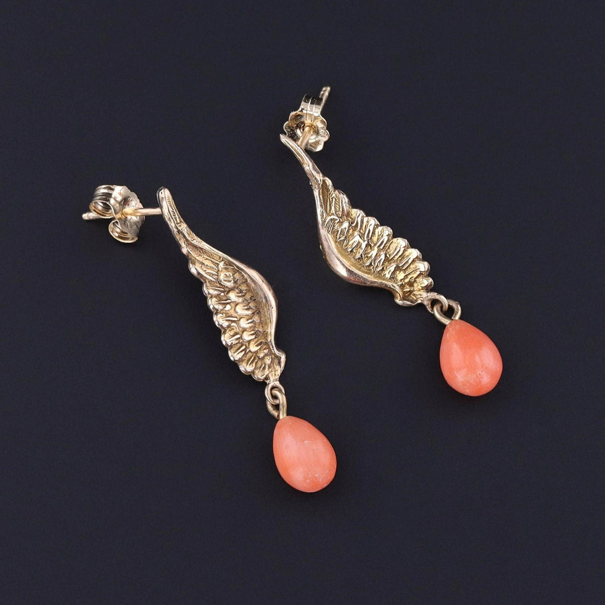 Antique Coral Wing Conversion Earrings of 10k Gold - Trademark Antiques