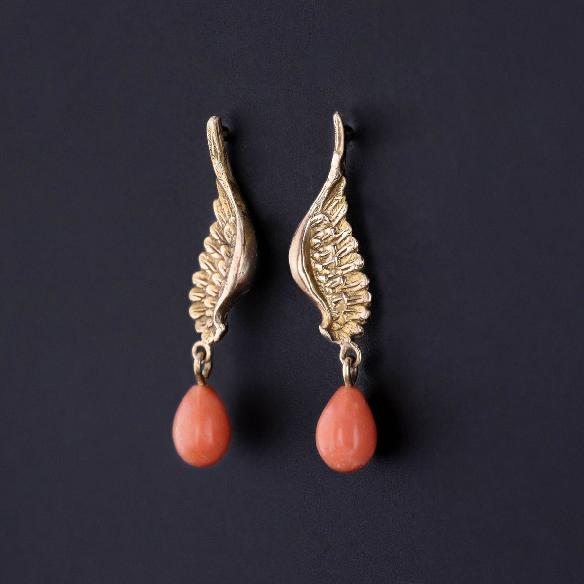 Antique Coral Wing Conversion Earrings of 10k Gold - Trademark Antiques