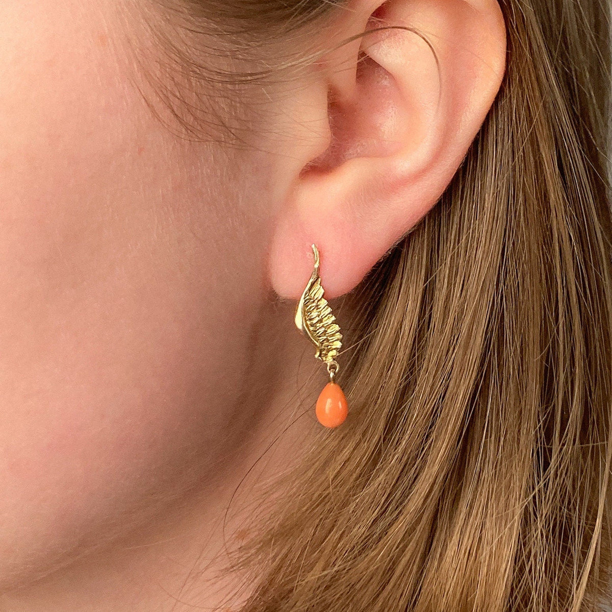 Antique Coral Wing Conversion Earrings of 10k Gold - Trademark Antiques
