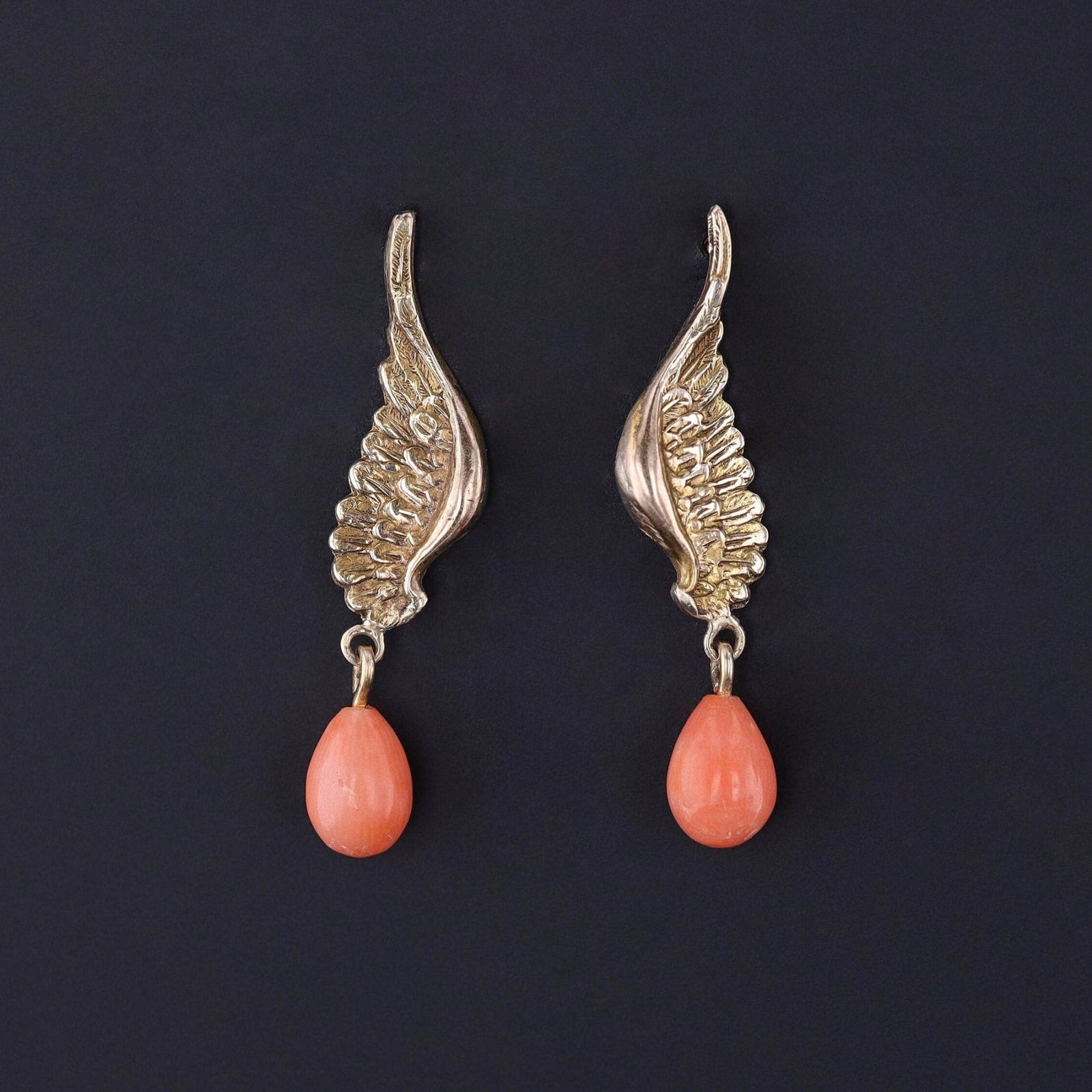 Antique Coral Wing Conversion Earrings of 10k Gold - Trademark Antiques