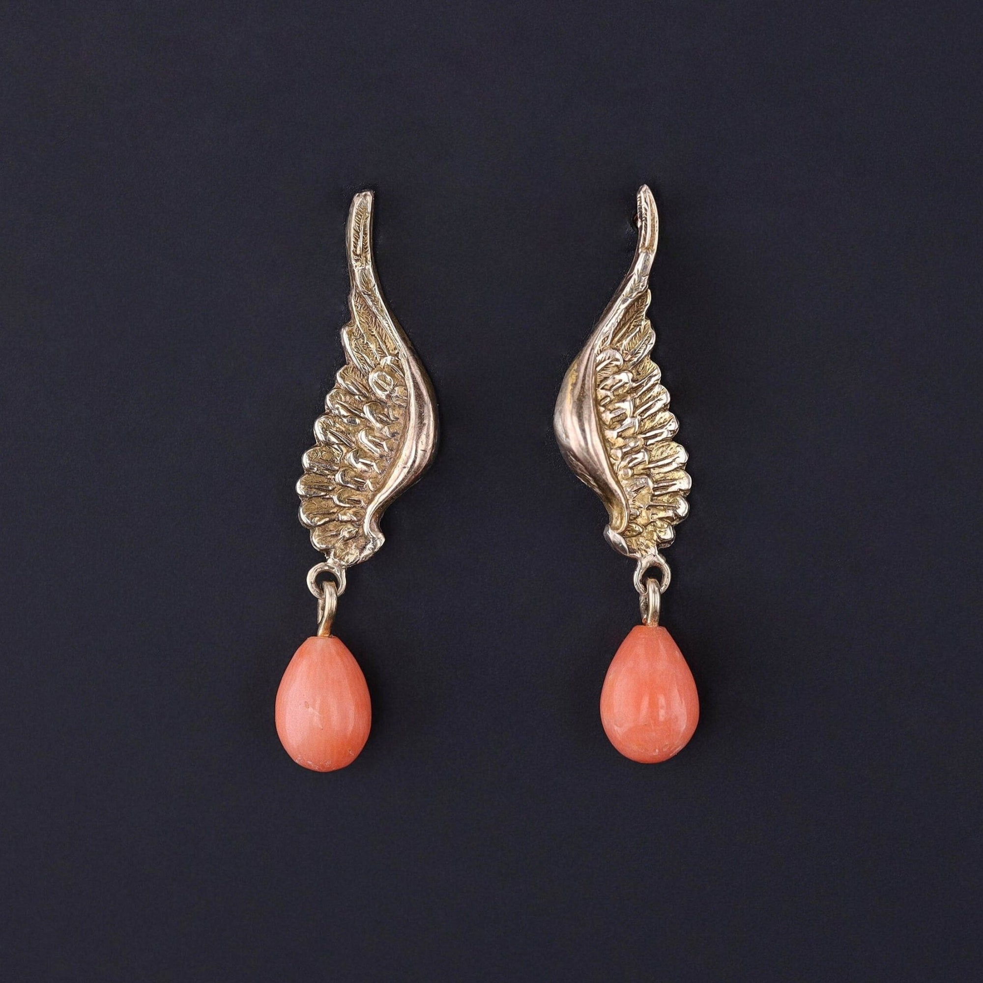 Antique Coral Wing Conversion Earrings of 10k Gold - Trademark Antiques