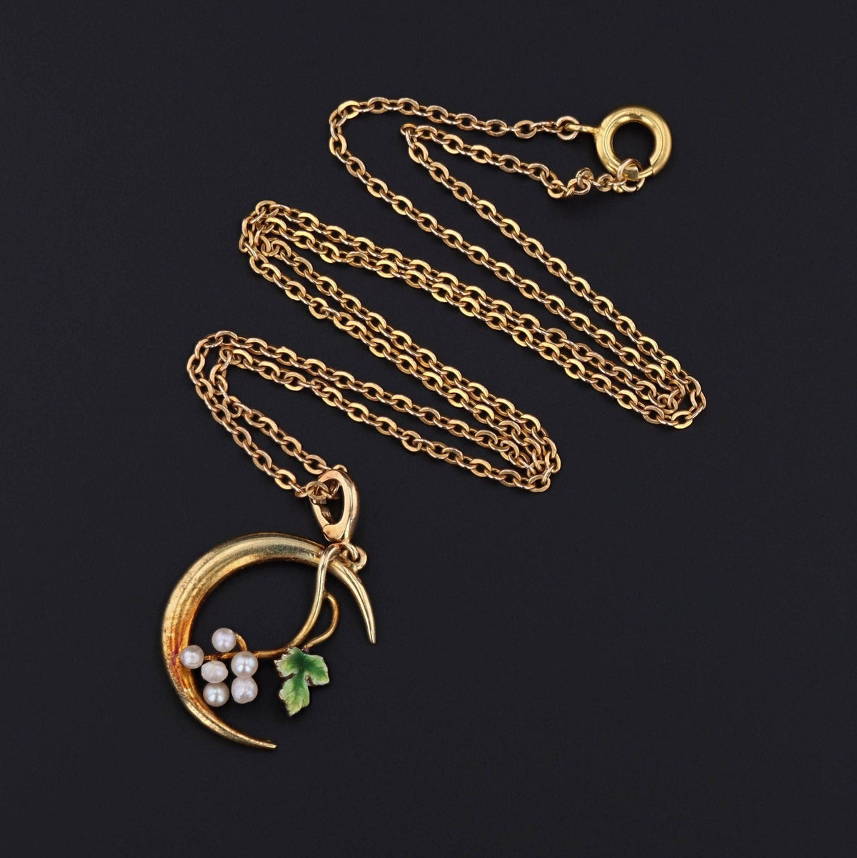 Antique Crescent Moon and Grapes Pendant of 14k Gold - Trademark Antiques