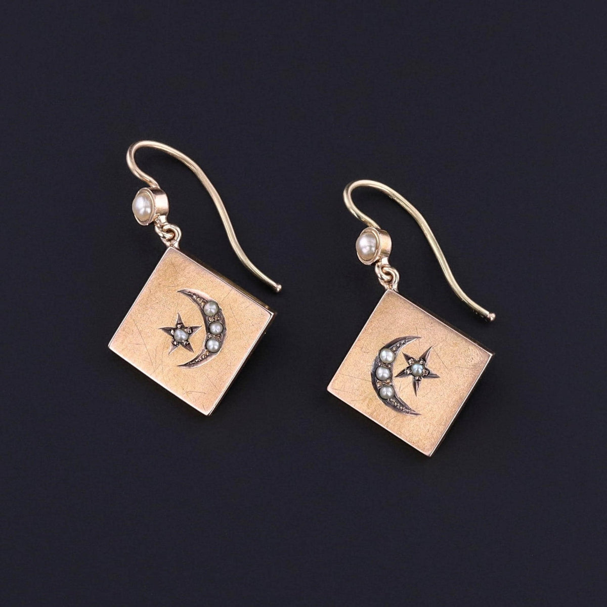 Antique Crescent Moon and Star Earrings of 14k Gold - Trademark Antiques