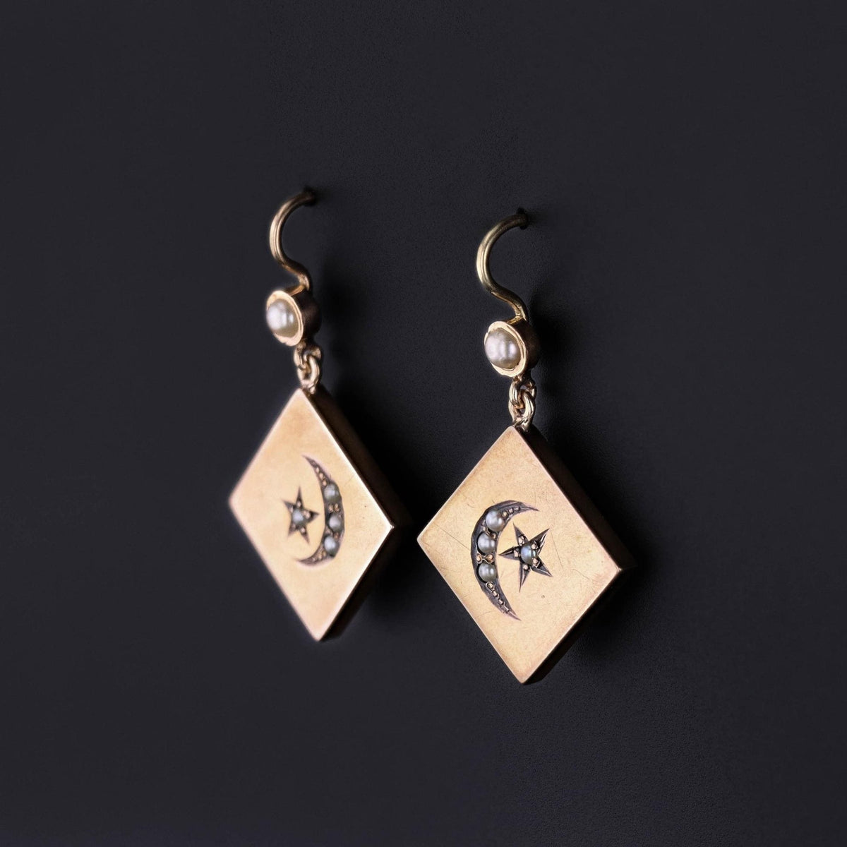 Antique Crescent Moon and Star Earrings of 14k Gold - Trademark Antiques
