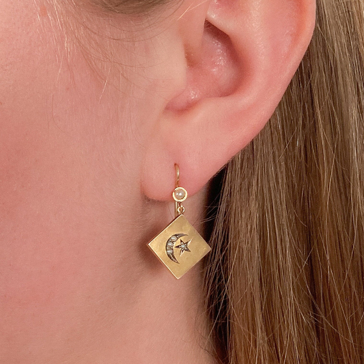 Antique Crescent Moon and Star Earrings of 14k Gold - Trademark Antiques