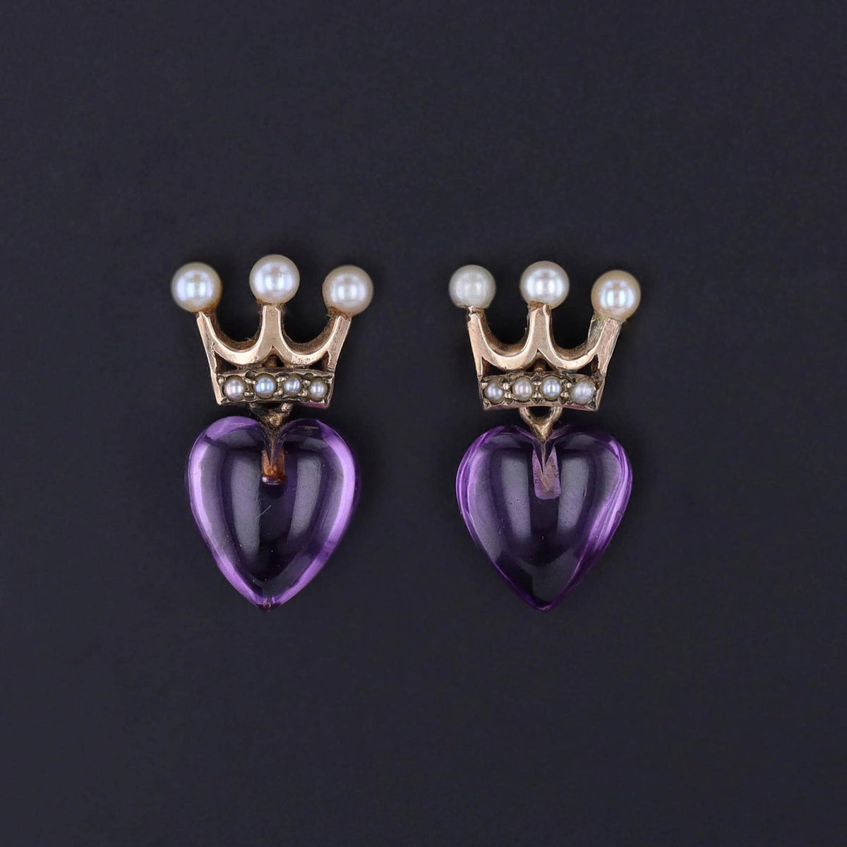 Antique Crowned Amethyst Heart Earrings of 9ct Gold - Trademark Antiques