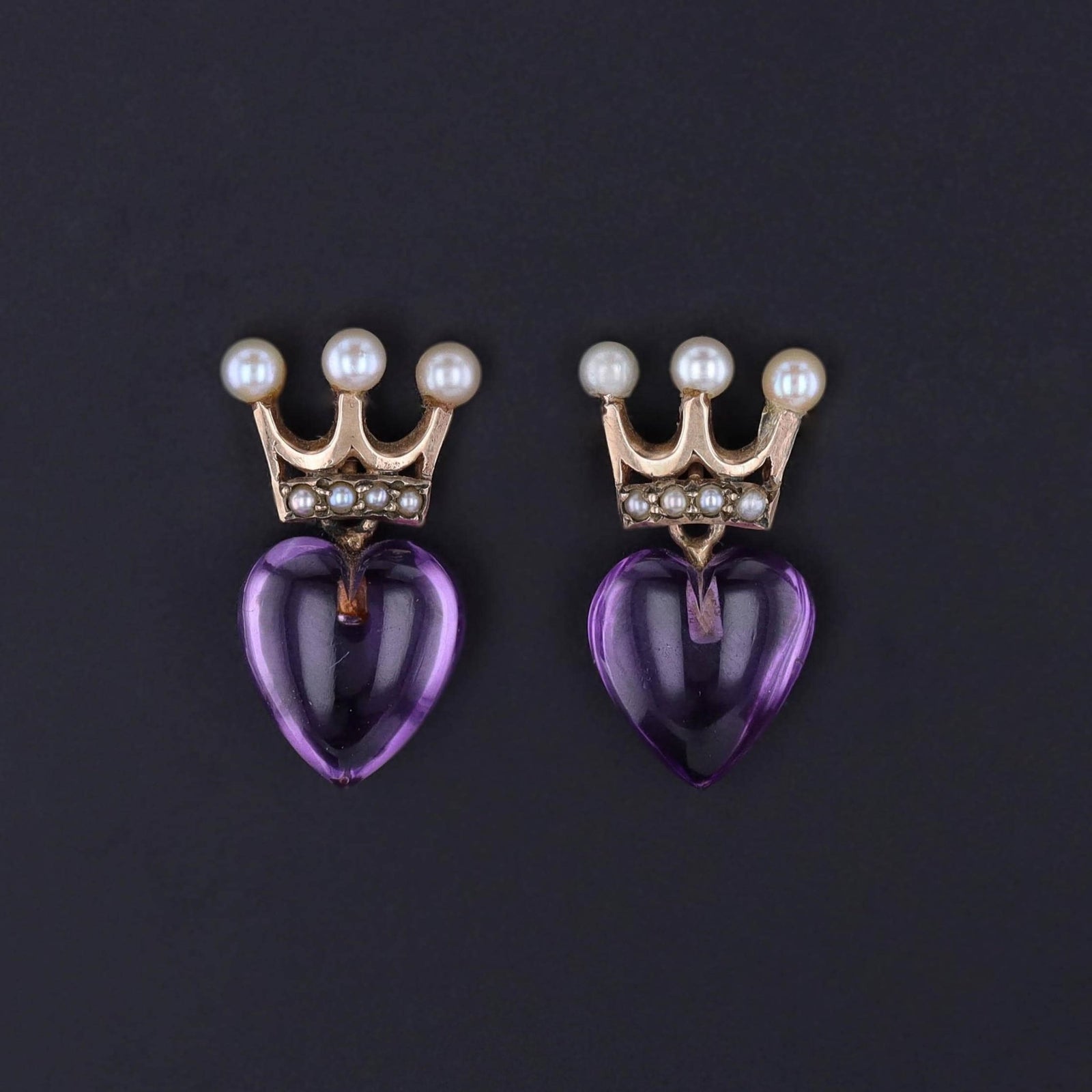 Antique Crowned Amethyst Heart Earrings of 9ct Gold - Trademark Antiques