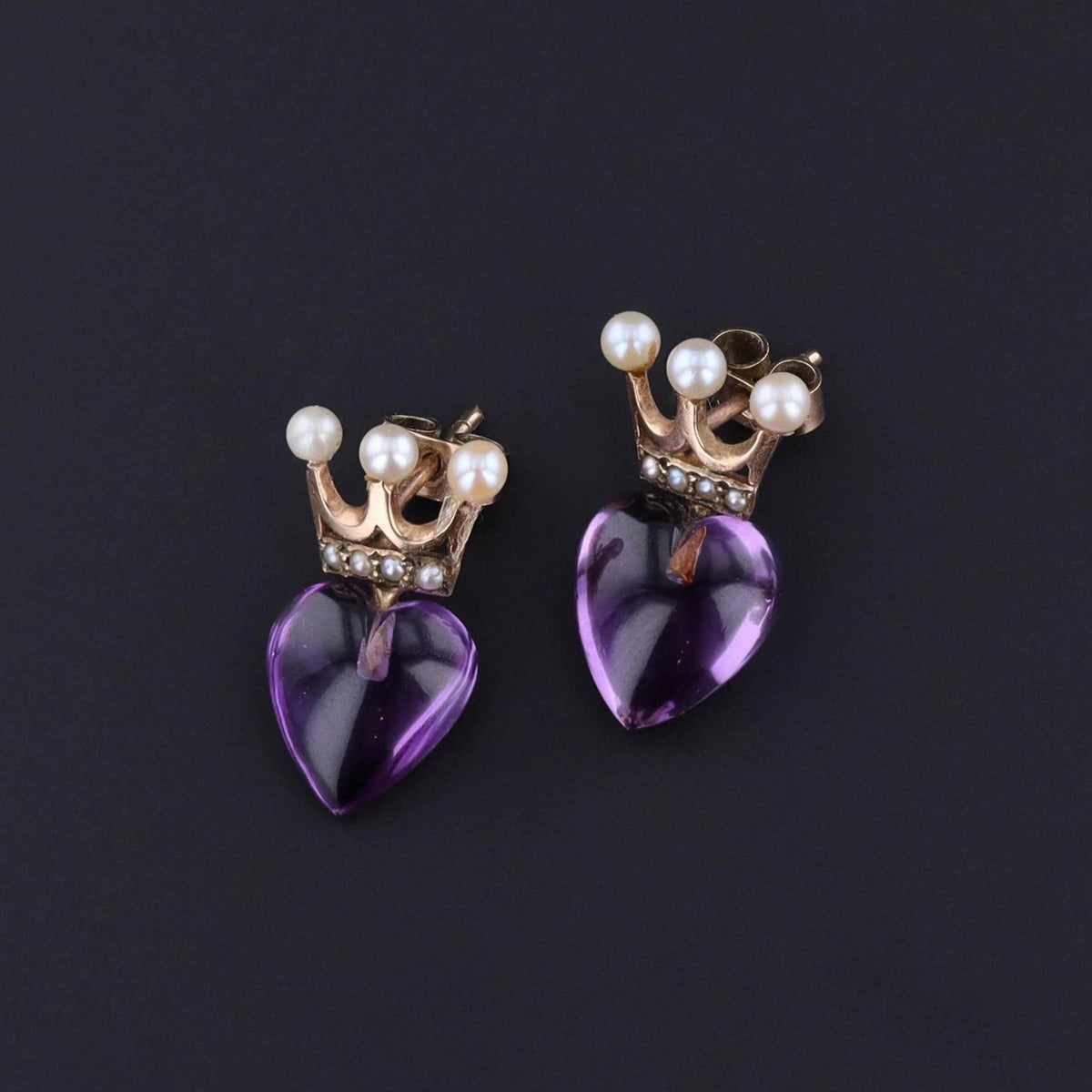 Antique Crowned Amethyst Heart Earrings of 9ct Gold - Trademark Antiques