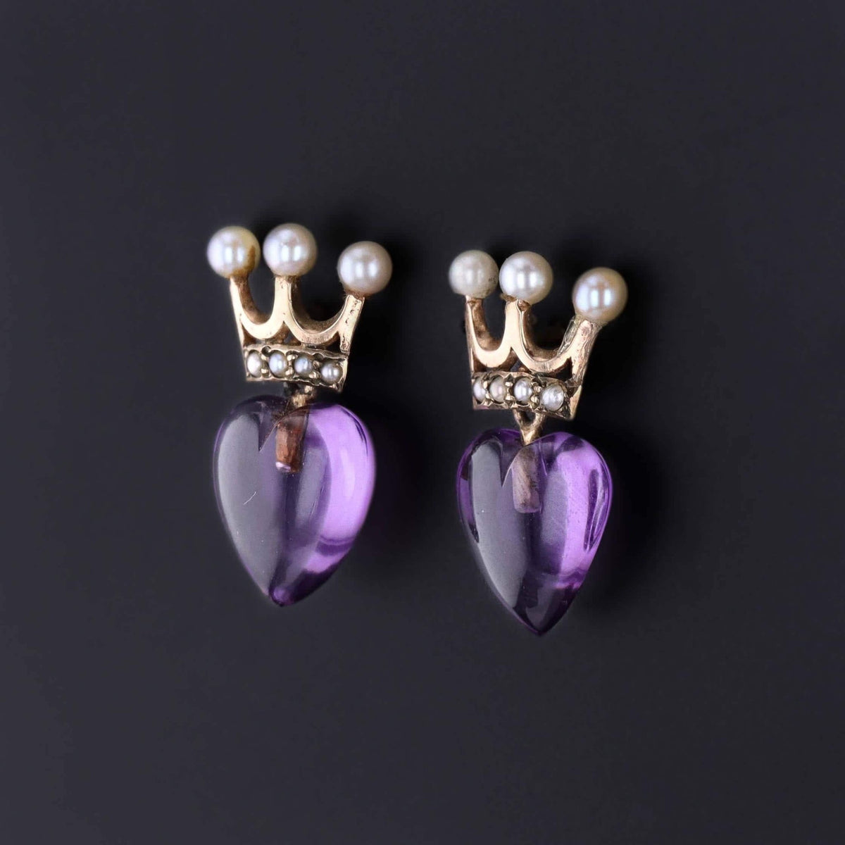 Antique Crowned Amethyst Heart Earrings of 9ct Gold - Trademark Antiques