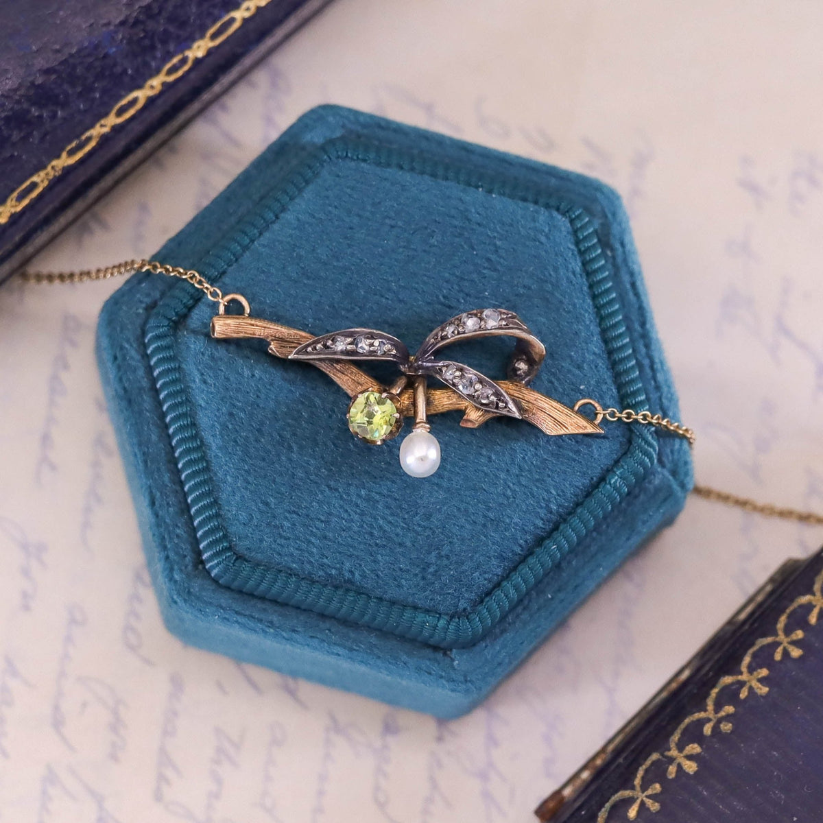 Antique Demantoid Diamond and Pearl Conversion Necklace of 14k Gold - Trademark Antiques