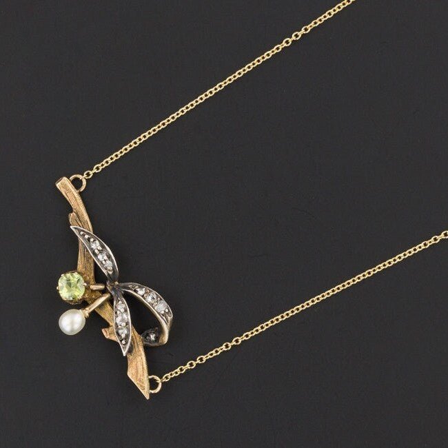 Antique Demantoid Diamond and Pearl Conversion Necklace of 14k Gold - Trademark Antiques