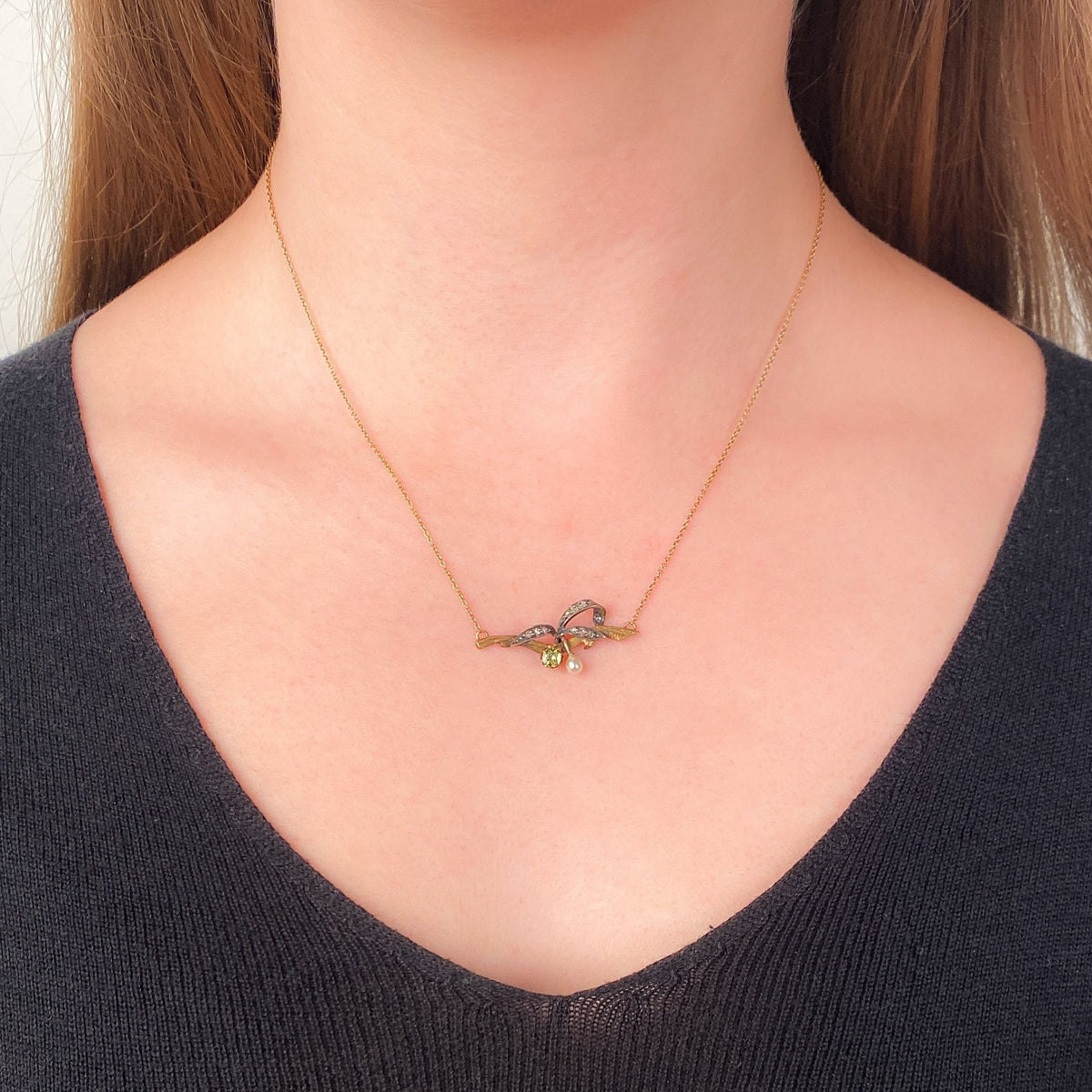 Antique Demantoid Diamond and Pearl Conversion Necklace of 14k Gold - Trademark Antiques