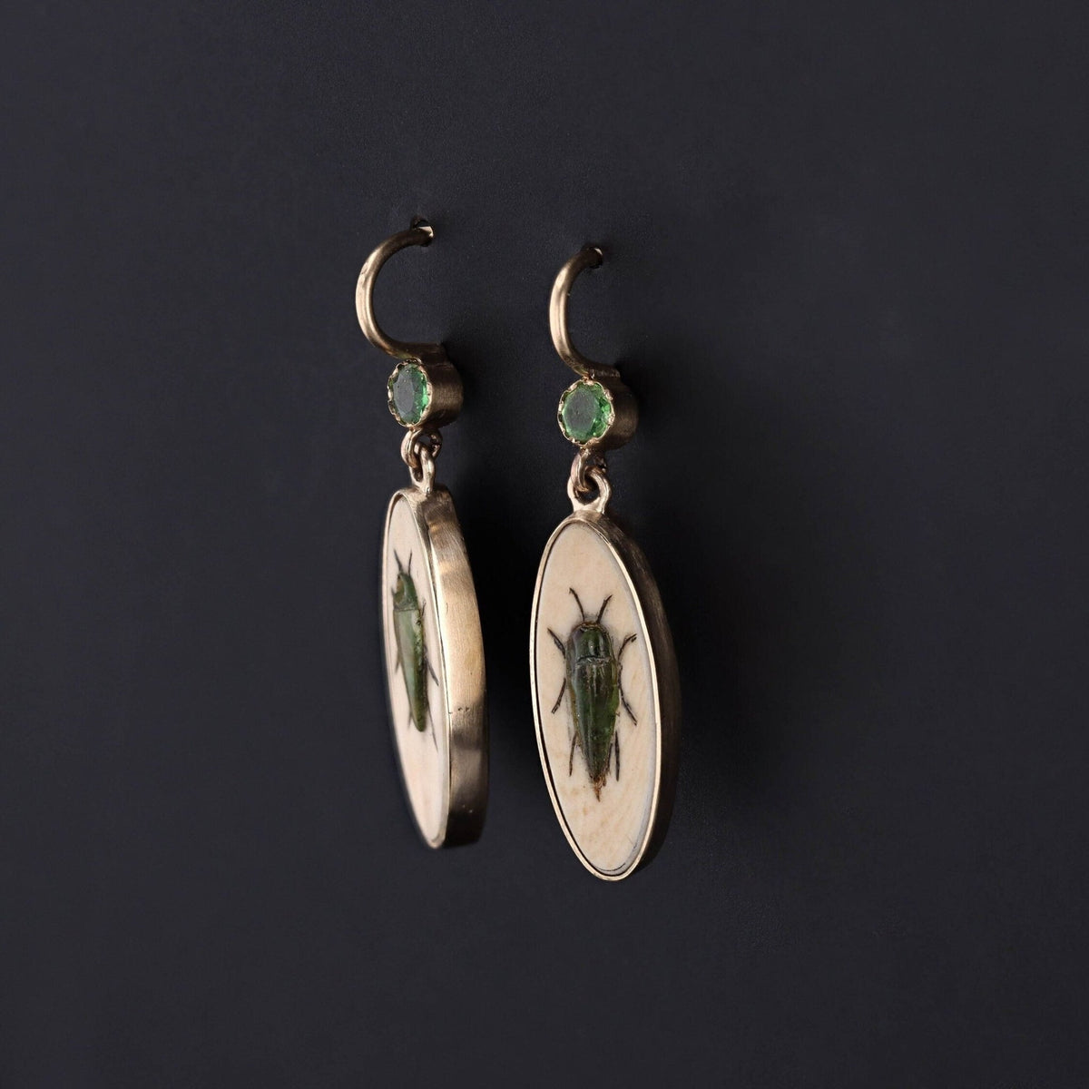 Antique Demantoid Garnet Insect Shibayama Conversion Earrings of 14k Gold - Trademark Antiques