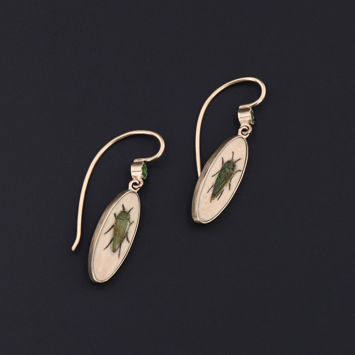 Antique Demantoid Garnet Insect Shibayama Conversion Earrings of 14k Gold - Trademark Antiques