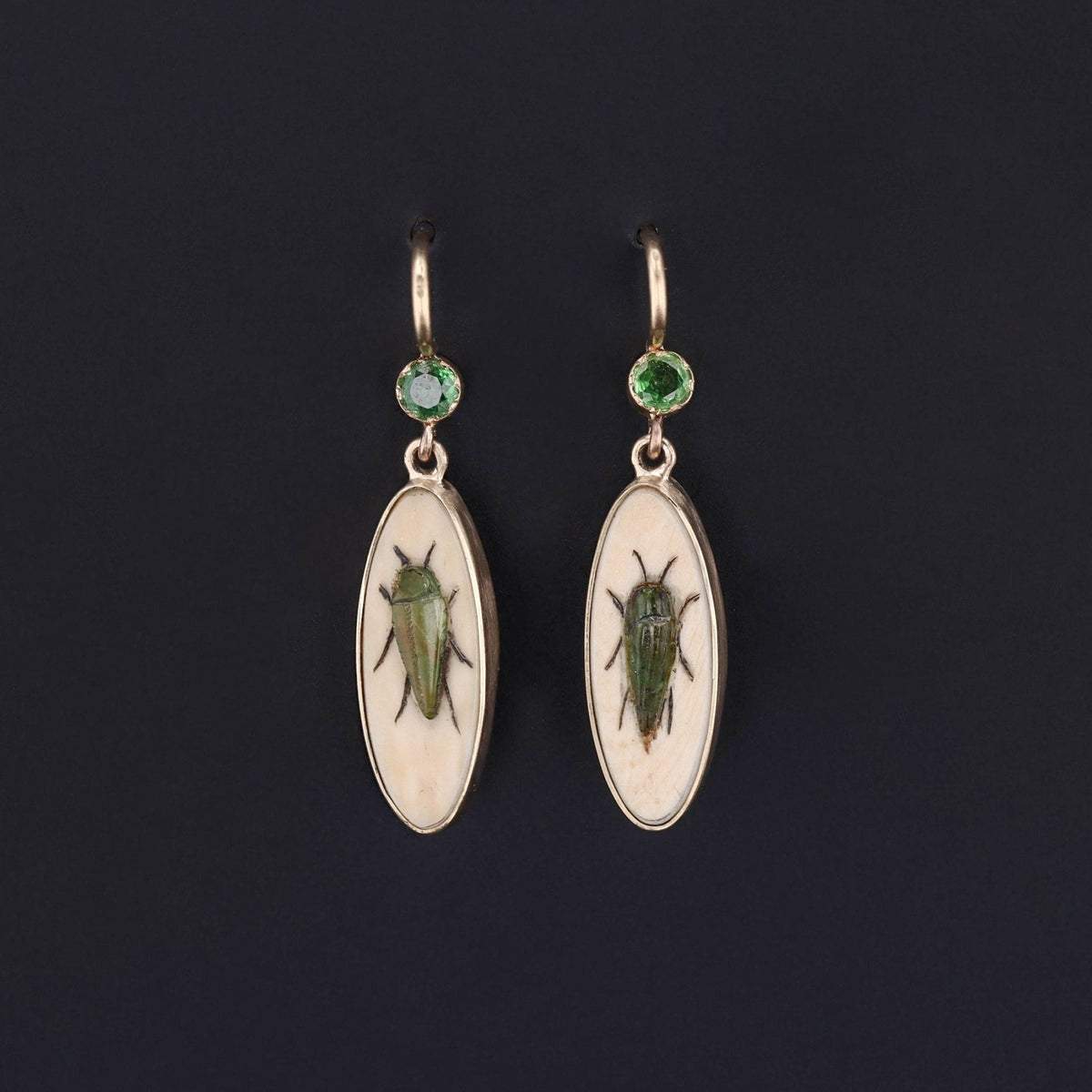 Antique Demantoid Garnet Insect Shibayama Conversion Earrings of 14k Gold - Trademark Antiques