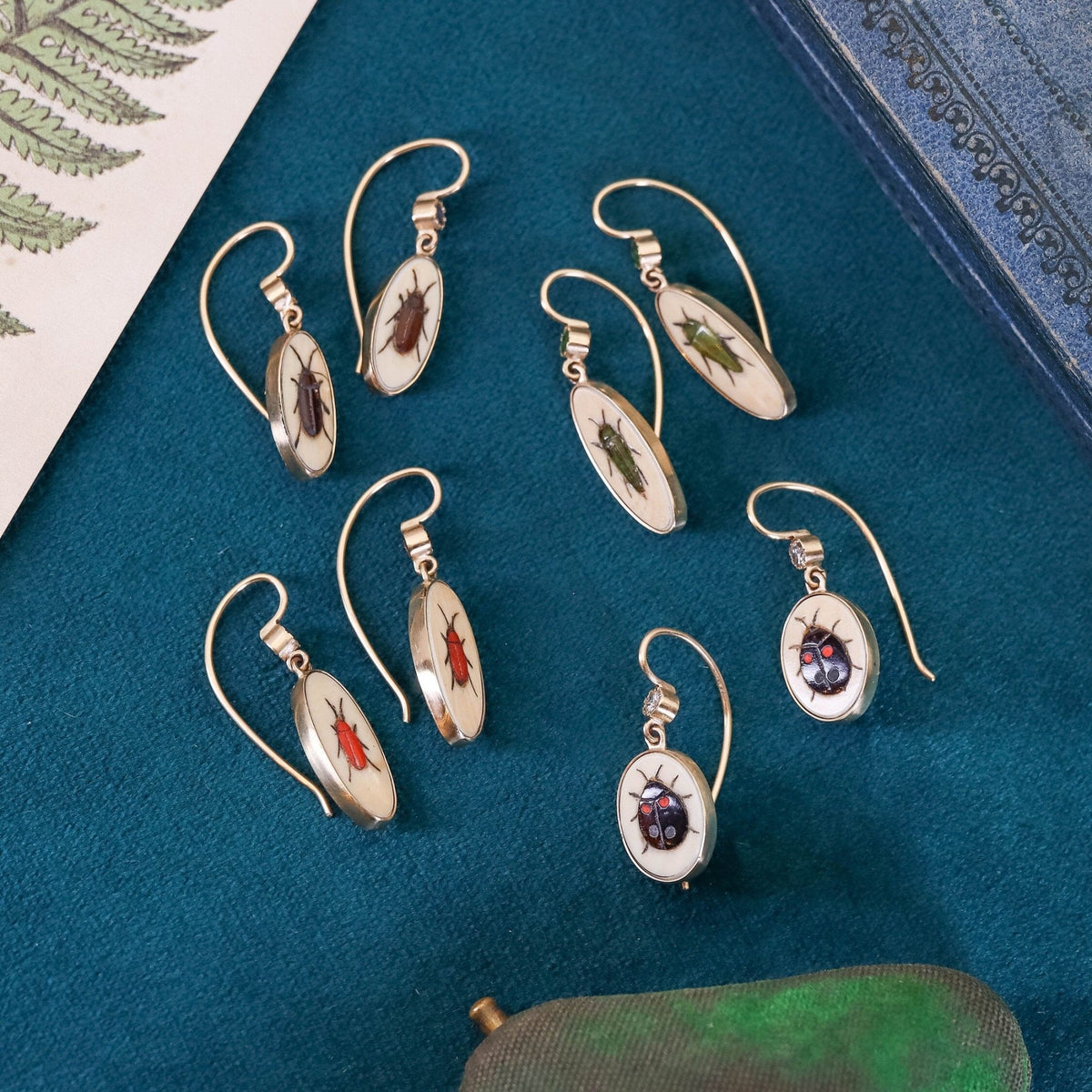 Antique Demantoid Garnet Insect Shibayama Conversion Earrings of 14k Gold - Trademark Antiques