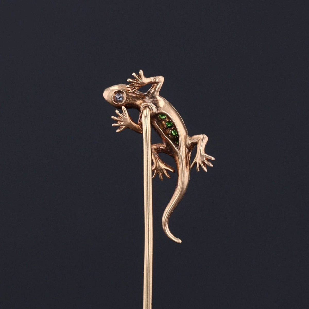 Antique Demantoid Garnet Lizard Stickpin of 14k Gold - Trademark Antiques