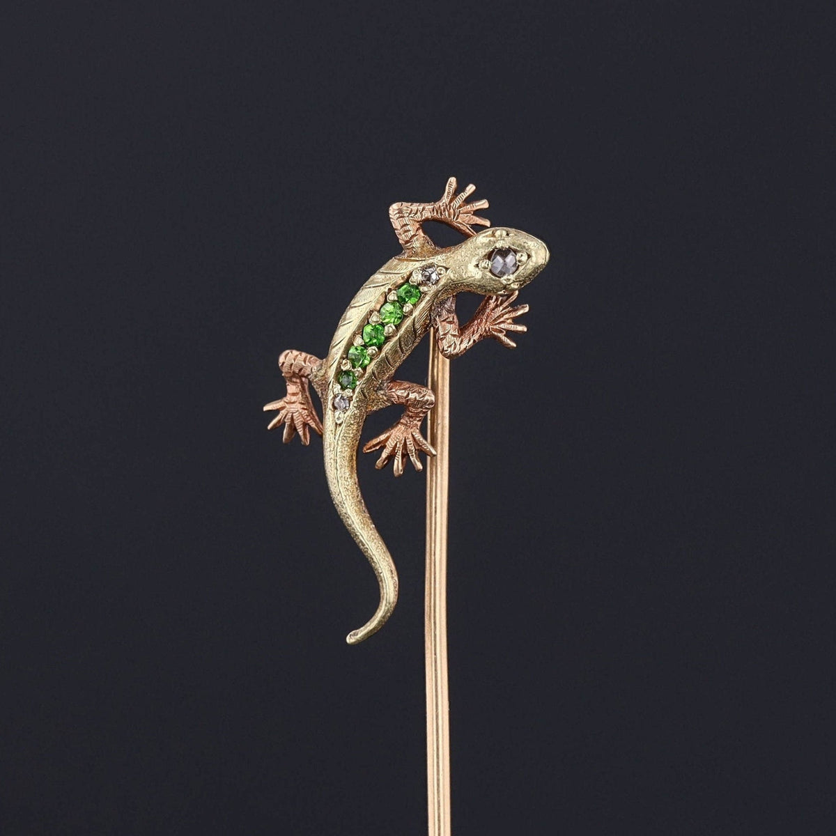 Antique Demantoid Garnet Lizard Stickpin of 14k Gold - Trademark Antiques