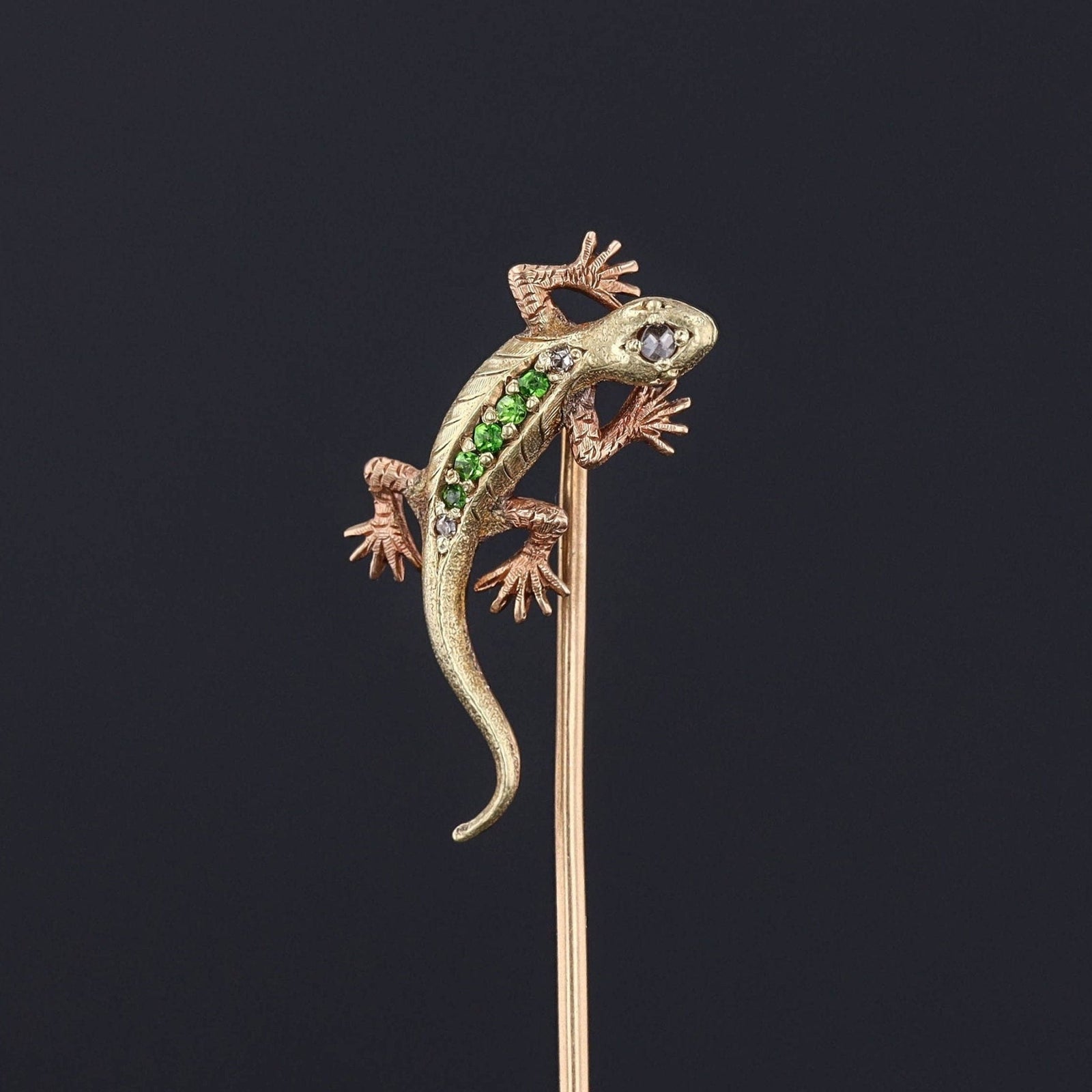 Antique Demantoid Garnet Lizard Stickpin of 14k Gold - Trademark Antiques