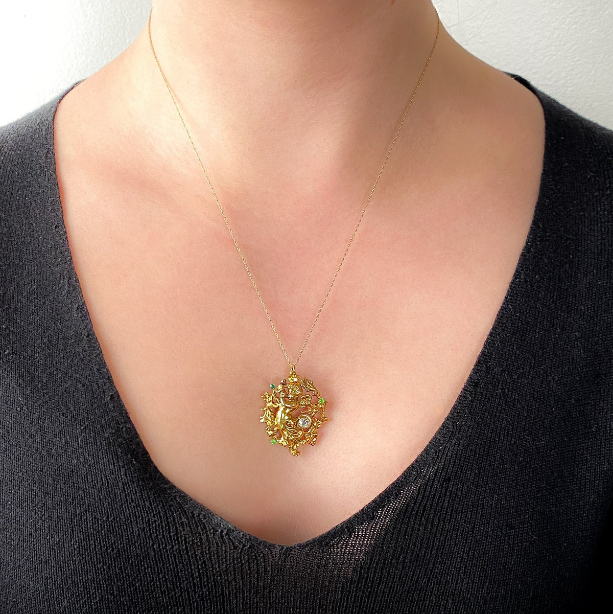 Antique Diamond and Demantoid Garnet Cherub Pendant of 14k Gold - Trademark Antiques