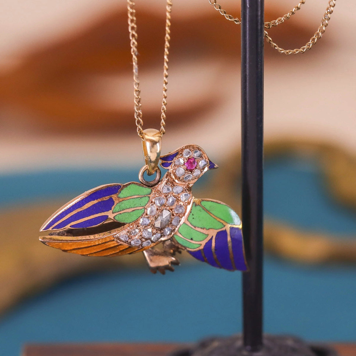 Antique Diamond and Enamel Bird Pendant of 14k Gold - Trademark Antiques