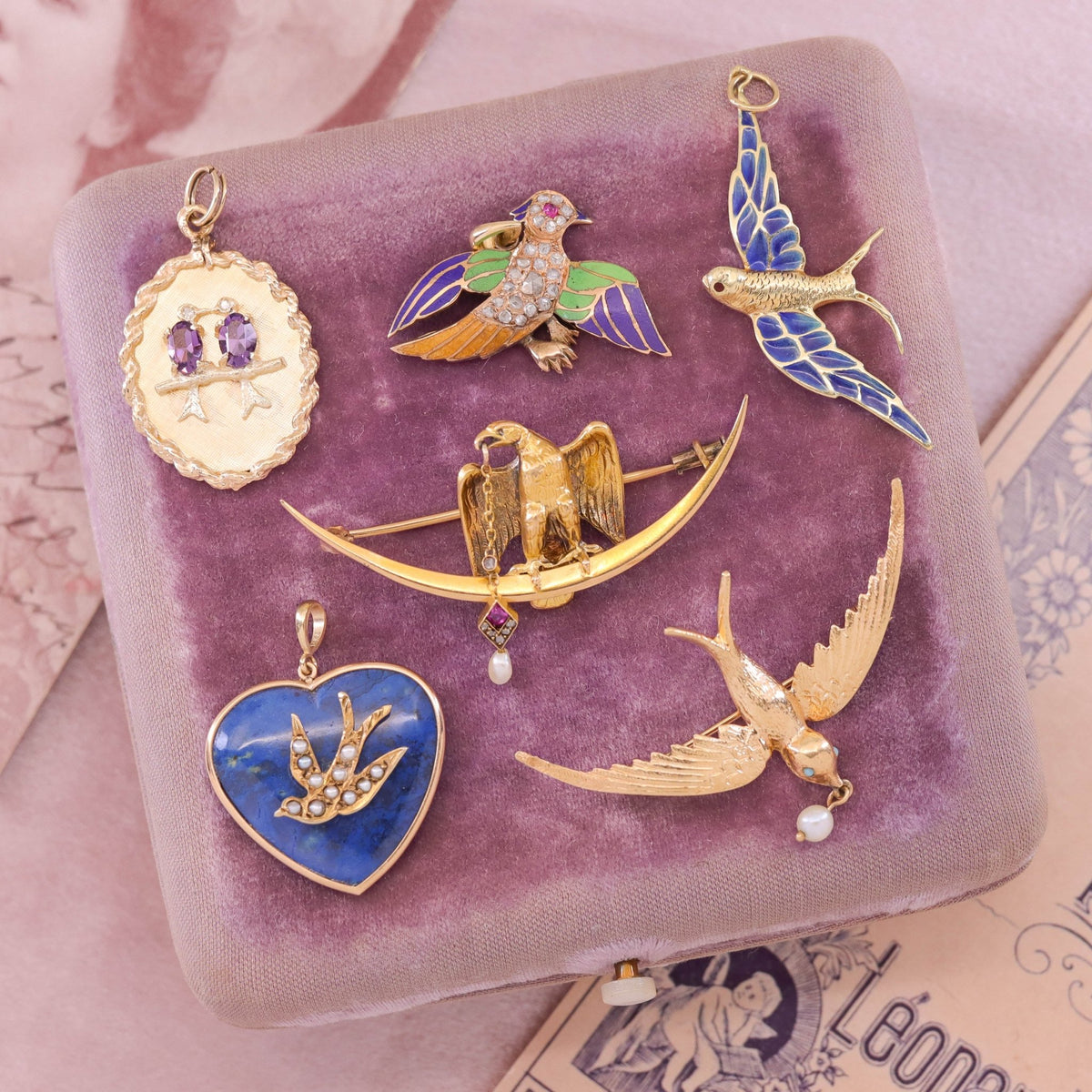 Antique Diamond and Enamel Bird Pendant of 14k Gold - Trademark Antiques