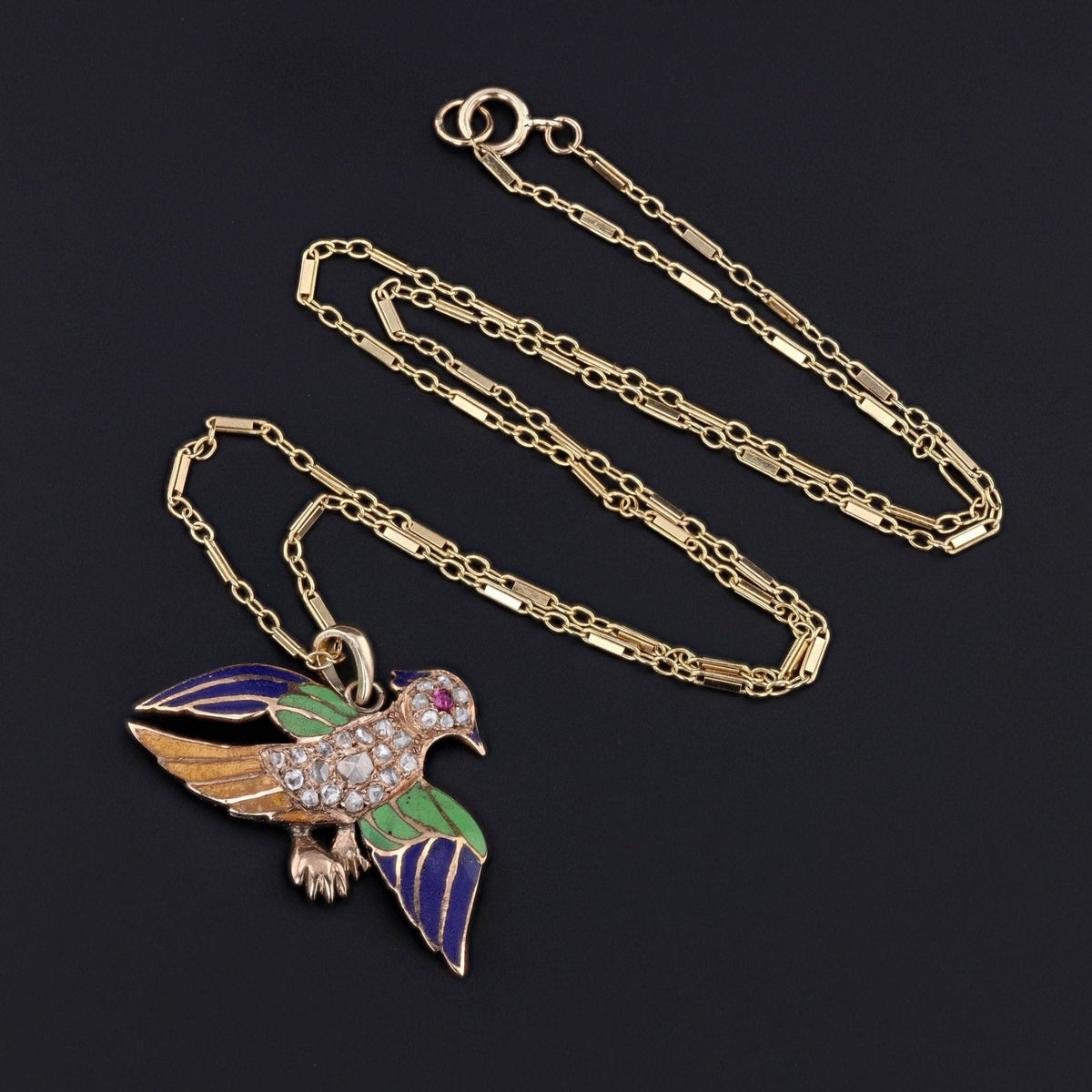 Antique Diamond and Enamel Bird Pendant of 14k Gold - Trademark Antiques