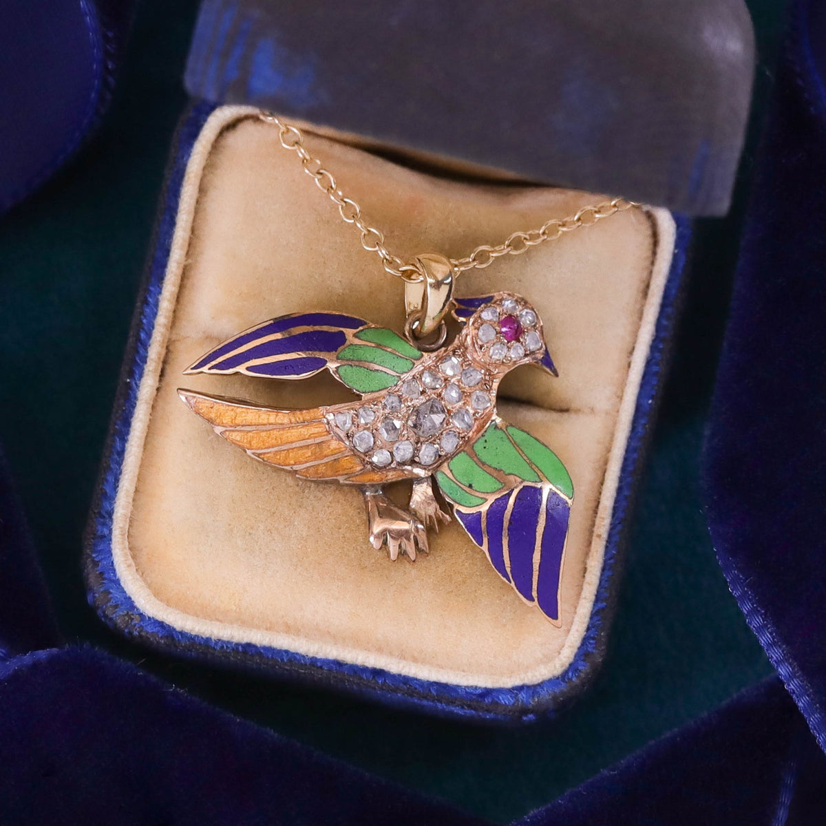 Antique Diamond and Enamel Bird Pendant of 14k Gold - Trademark Antiques