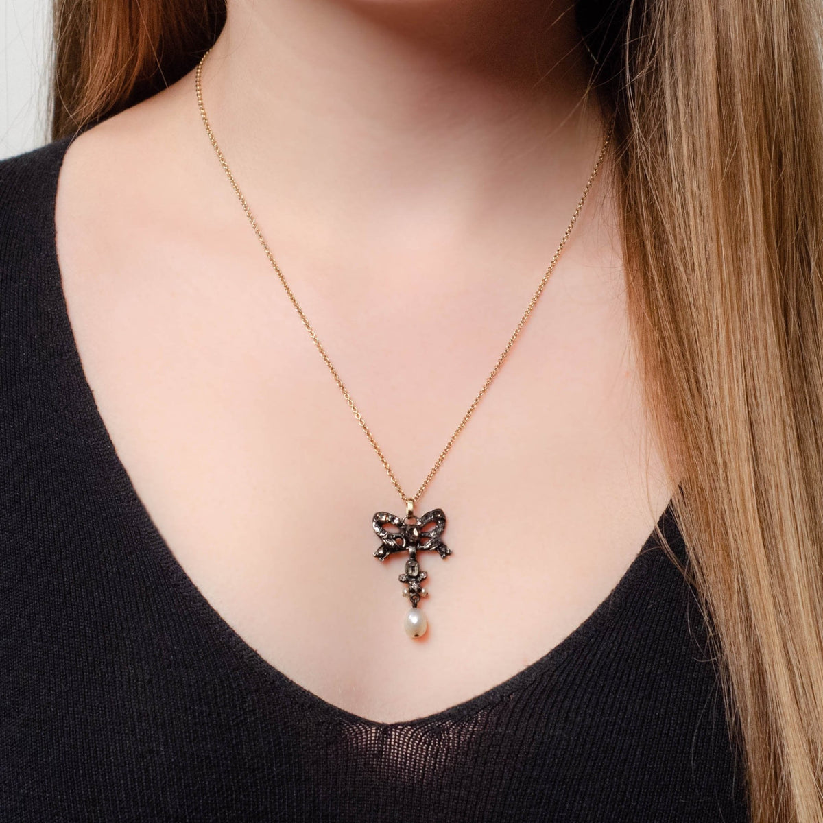 Antique Diamond and Pearl Bow Pendant - Trademark Antiques