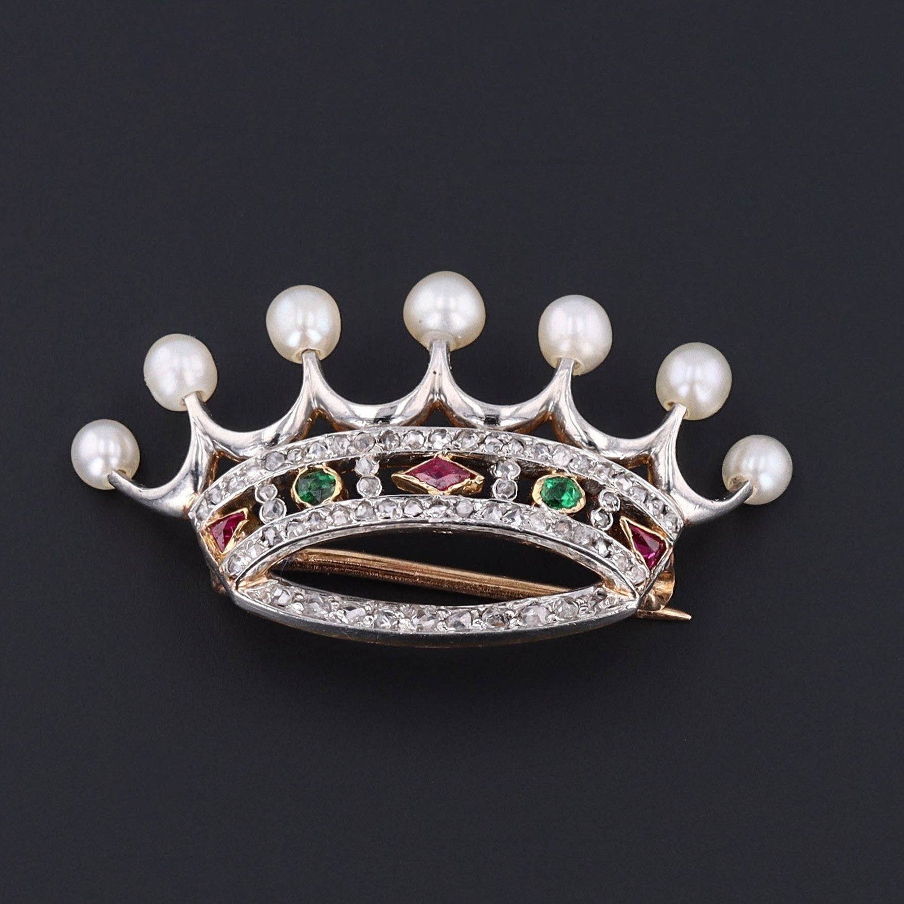 Antique Diamond and Pearl Crown Brooch - Trademark Antiques