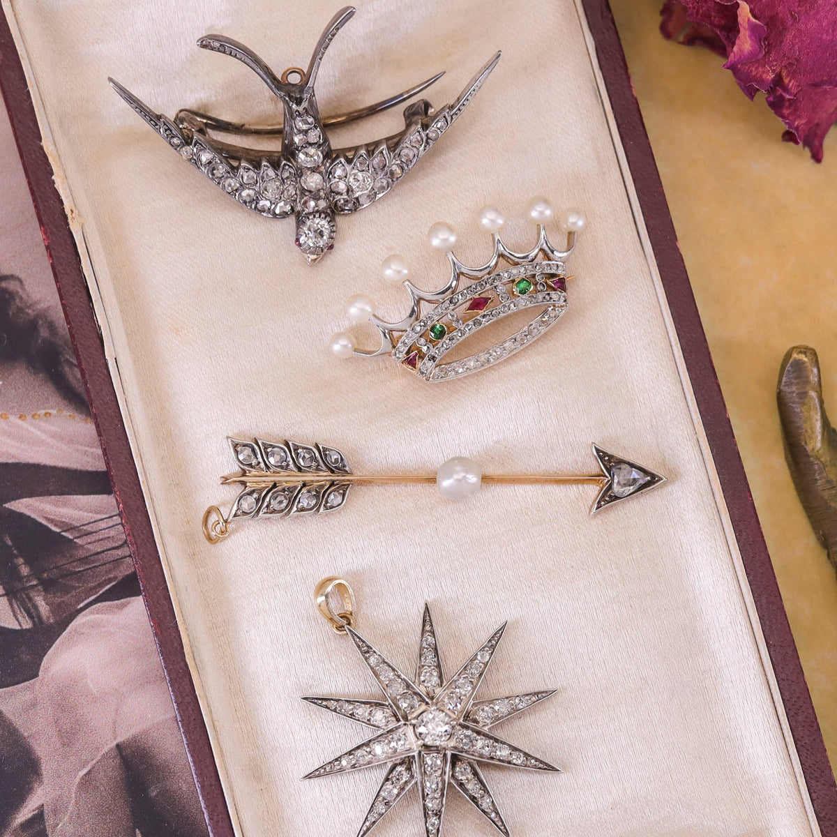 Antique Diamond and Pearl Crown Brooch - Trademark Antiques