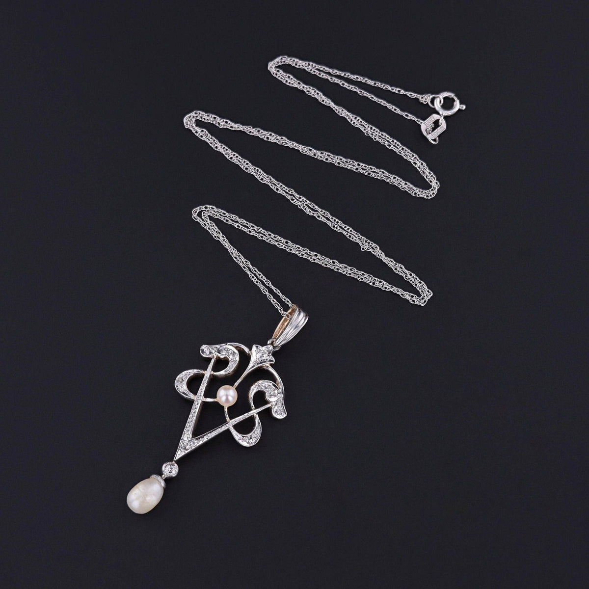 Antique Diamond and Pearl Lavalier Necklace of 14k Gold - Trademark Antiques