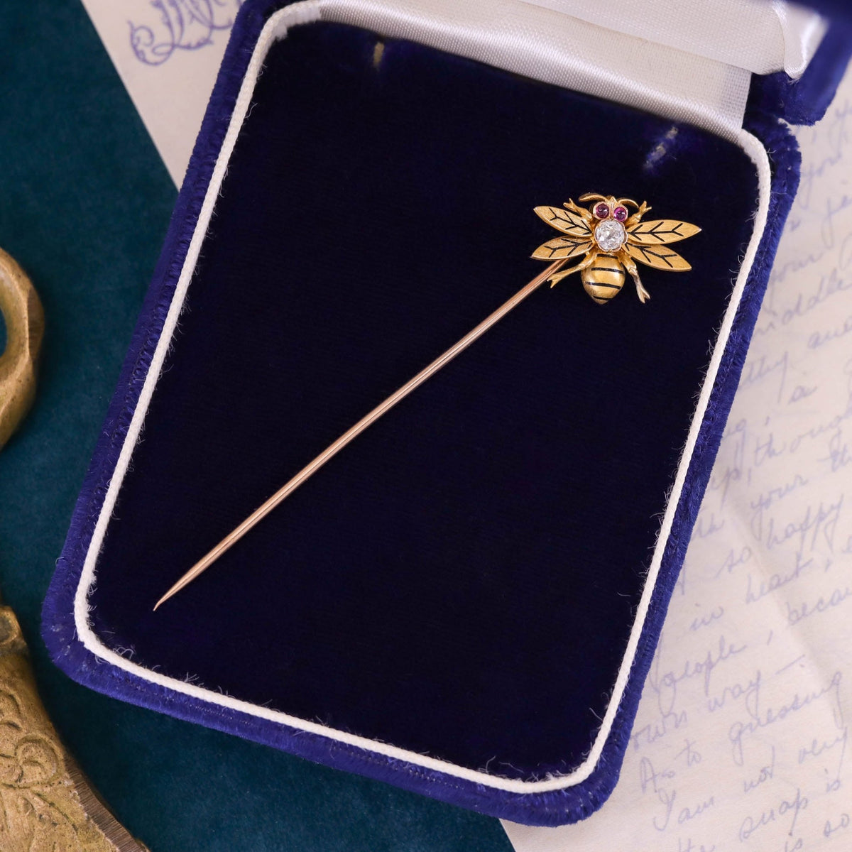 Antique Diamond and Ruby Bee Stickpin of 14k Gold - Trademark Antiques