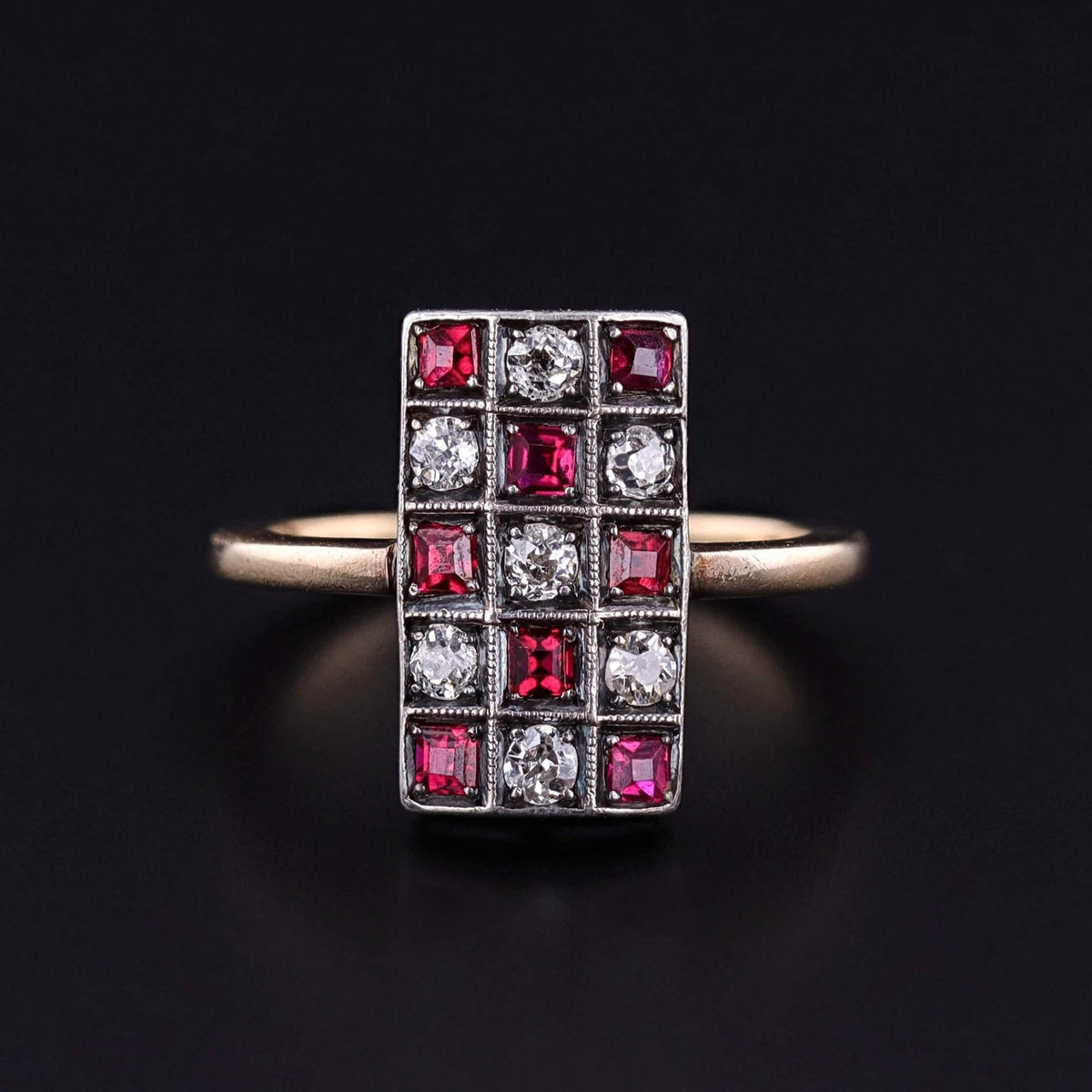 Antique Diamond and Ruby Checkerboard Ring of 14k Gold - Trademark Antiques