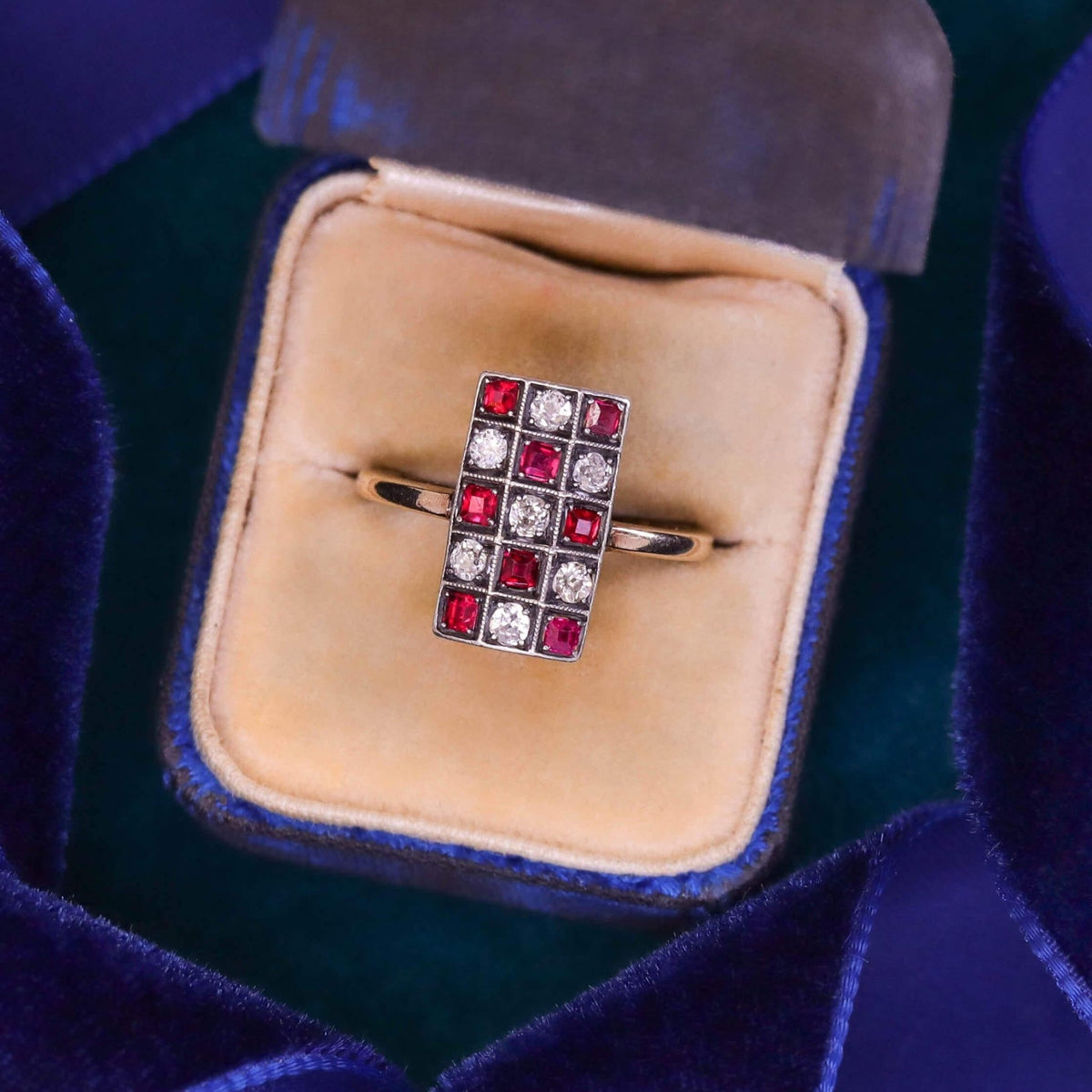 Antique Diamond and Ruby Checkerboard Ring of 14k Gold - Trademark Antiques